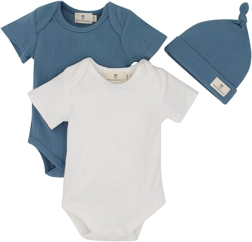 Newborn Baby Clothes - Baby Organic Ribbed Romper Gifit Set with Matching Style Beanie for Girls and Boys image number 5