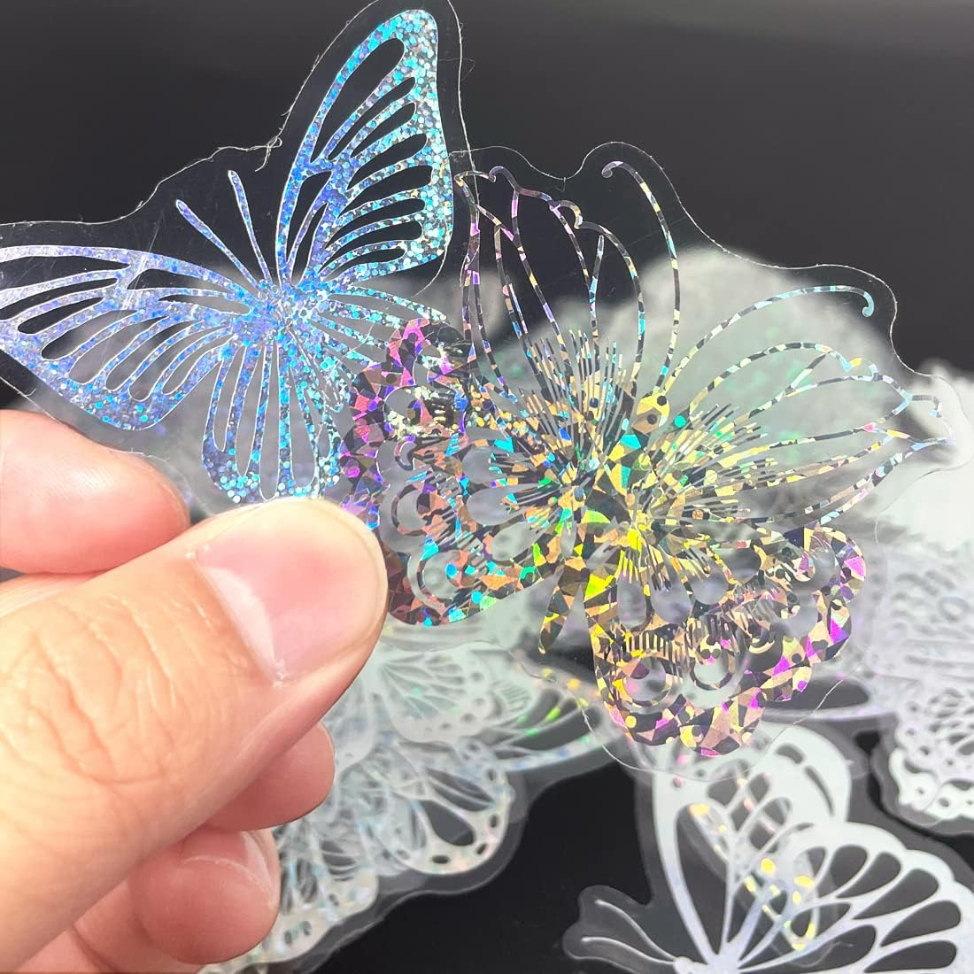 200 Pcs Holographic Glitter Butterfly Stickers + 1 Craft Tweezer Waterproof Flower Shiny Adhesive Transparent Decorative Decals for Scrapbooking Journal Planner Water Bottle Laptop Phone image number 5