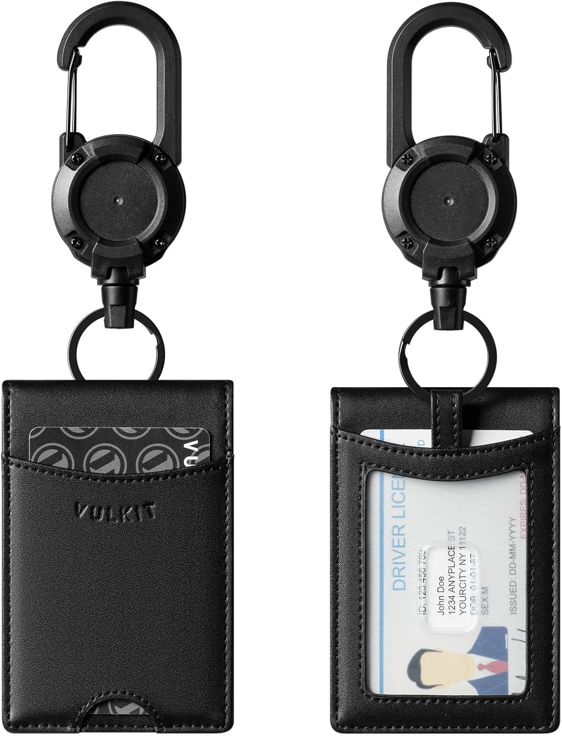 VULKIT Badge Holder Retractable Clip, Leather Bifold Double ID Card Holder, Retractable Keychain Carabiner, Holds 5 Cards, Keys Black