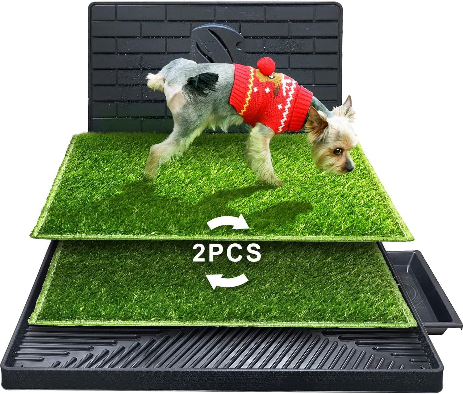 Large Dog Potty Tray Pet Pee Grass Pad Indoor Puppy Pee Training Toilet Restroom, Portable Odourless Washable Training Pads with Pee Baffle, Ideal for Medium and Small Dogs