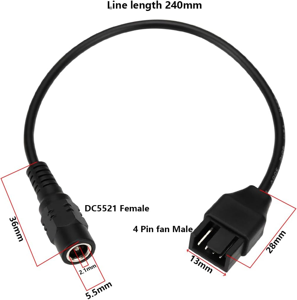 Emagtech 4PCS Fan Extension Cable DC5521 Female to 4 Pin Male 22AWG PWM Housing Fan Cable 12V Power Supply Adapter for CPU Fans PC Cooling Fan 24Cm