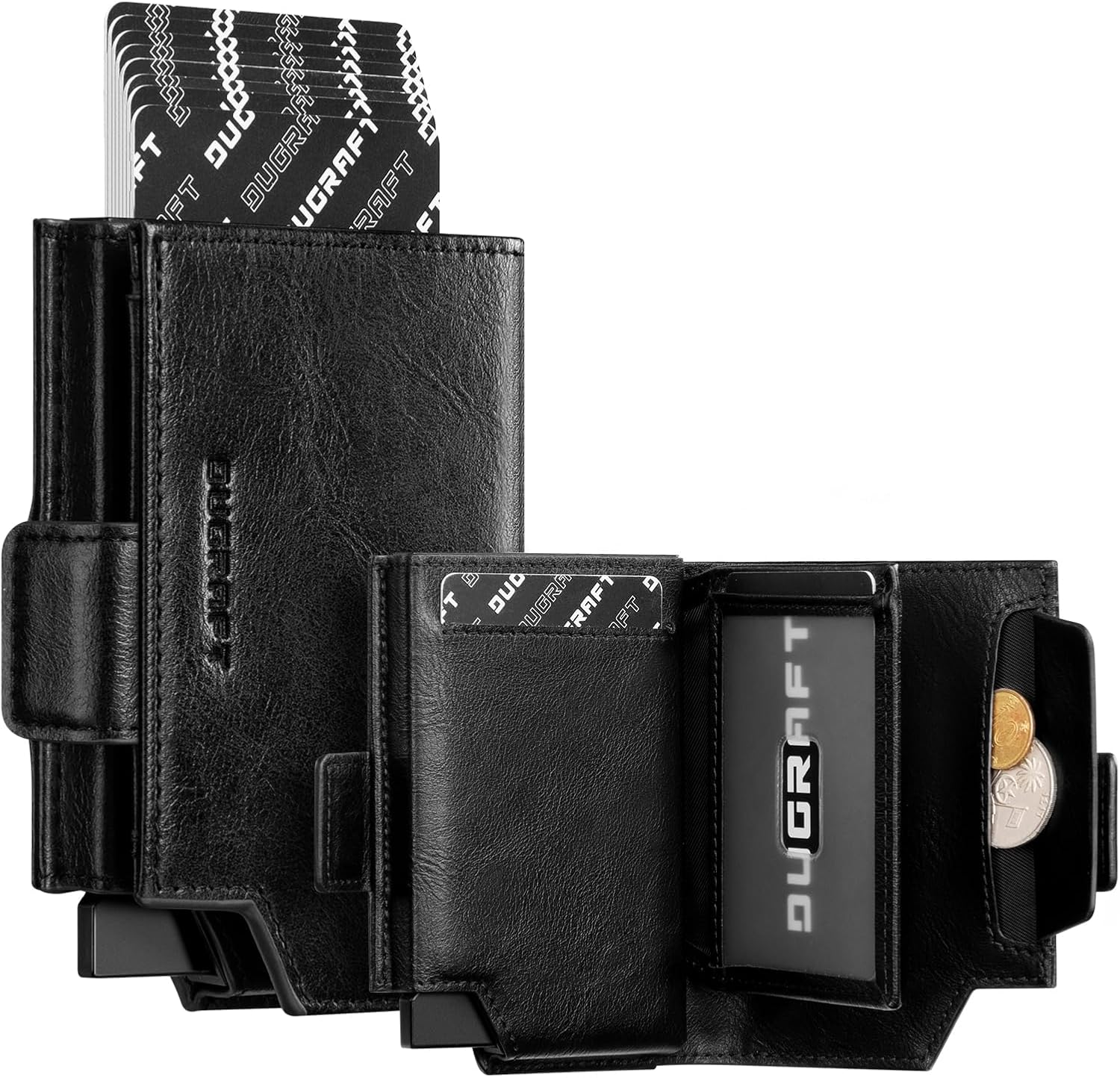 DUGRAFT Card Holder Wallet with Coin Pocket Magnetic Closure RFID Blocking Pop up Cards with ID Window & Money Organizers (Dark Brown)