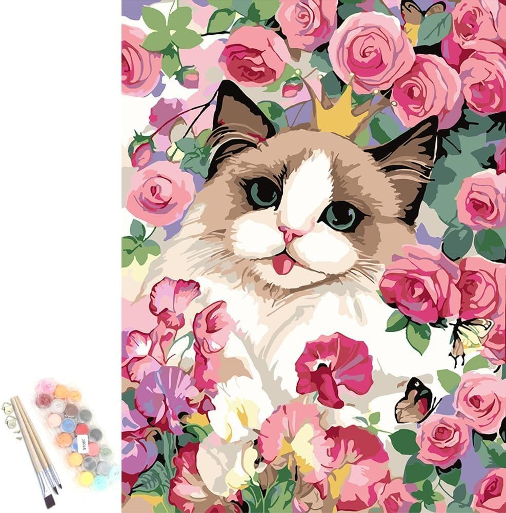 Paint by Number for Adults Beginners,12" Wx16 L Canvas for Painting Kits for Adults, Paint by Numbers for Home Wall Art Decor-Cat Flowers image number 3