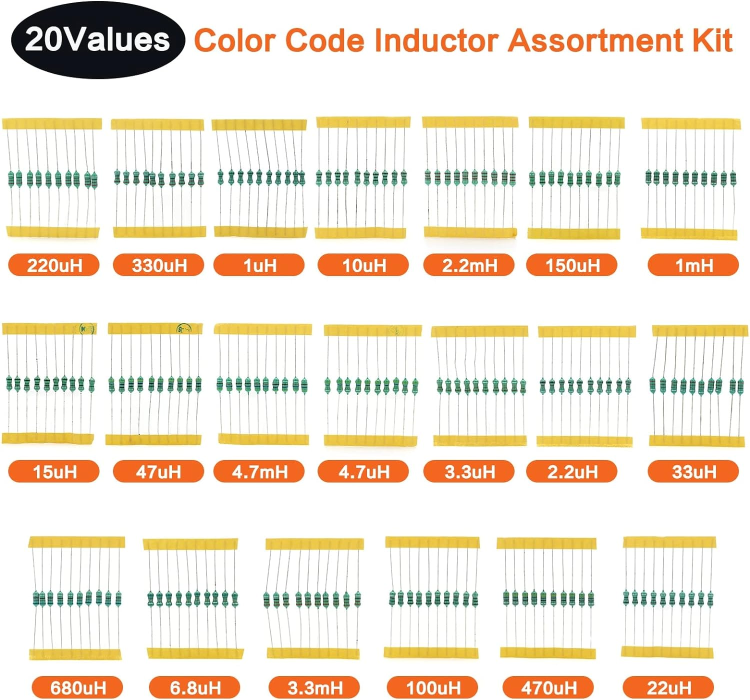 1/2W Inductor Assortment 0.5W Color Ring Inductance Assortment 1UH-4.7MH 20Valuesx10Pcs=200Pcs Inductors Assorted Set Kit image number 1