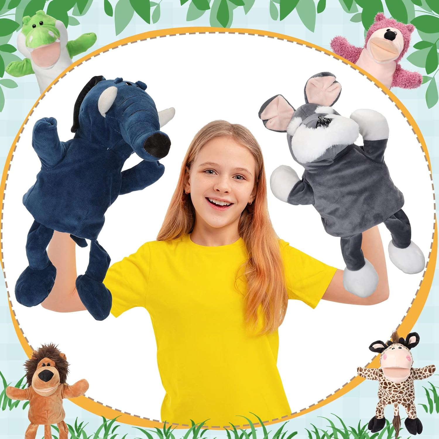 Wettarn 10 Pcs Animal Hand Puppets 12 Inch Soft Plush Lion Orangutan Giraffe Tiger Monkey for Boys and Girls Storytelling, Teaching, Role Playing