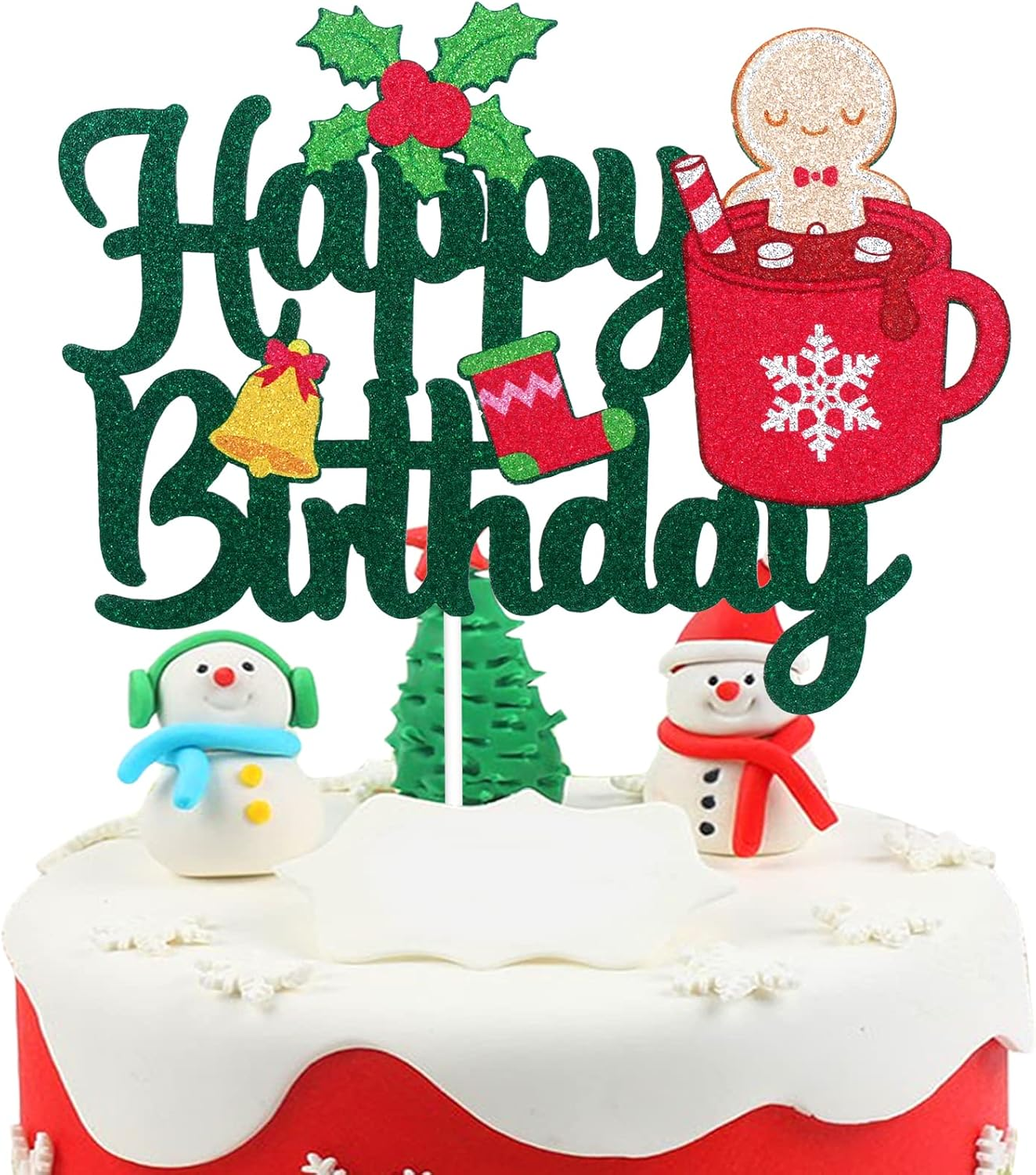 Christmas Happy Birthday Cake Topper - Winter Frozen Glitter Snowflakes Cake Supplies - Baby Shower Kids Birthday Christmas Party Decoration