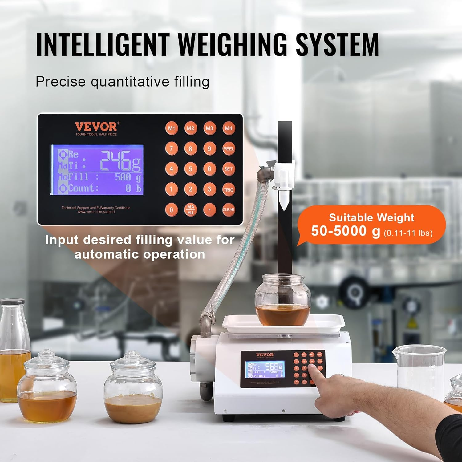 VEVOR Liquid Filling Machine, 50-5000 G Weighing Capacity, Automatic Bottle Filler Machine Bottling Machine Gear Pump Digital Control for Honey, Oil, Wine, Detergent, Viscous Liquids (Single Nozzle) image number 5