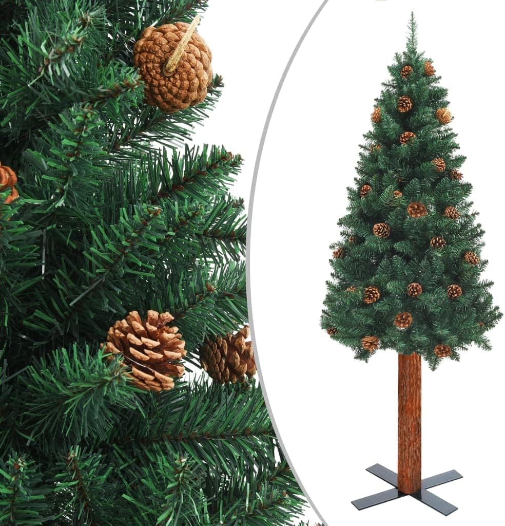 Christmas Tree, Xmas Tree Fake Tree Holiday Decoration Slim Christmas Tree with Real Wood and Cones Green 180 Cm PVC image number 5