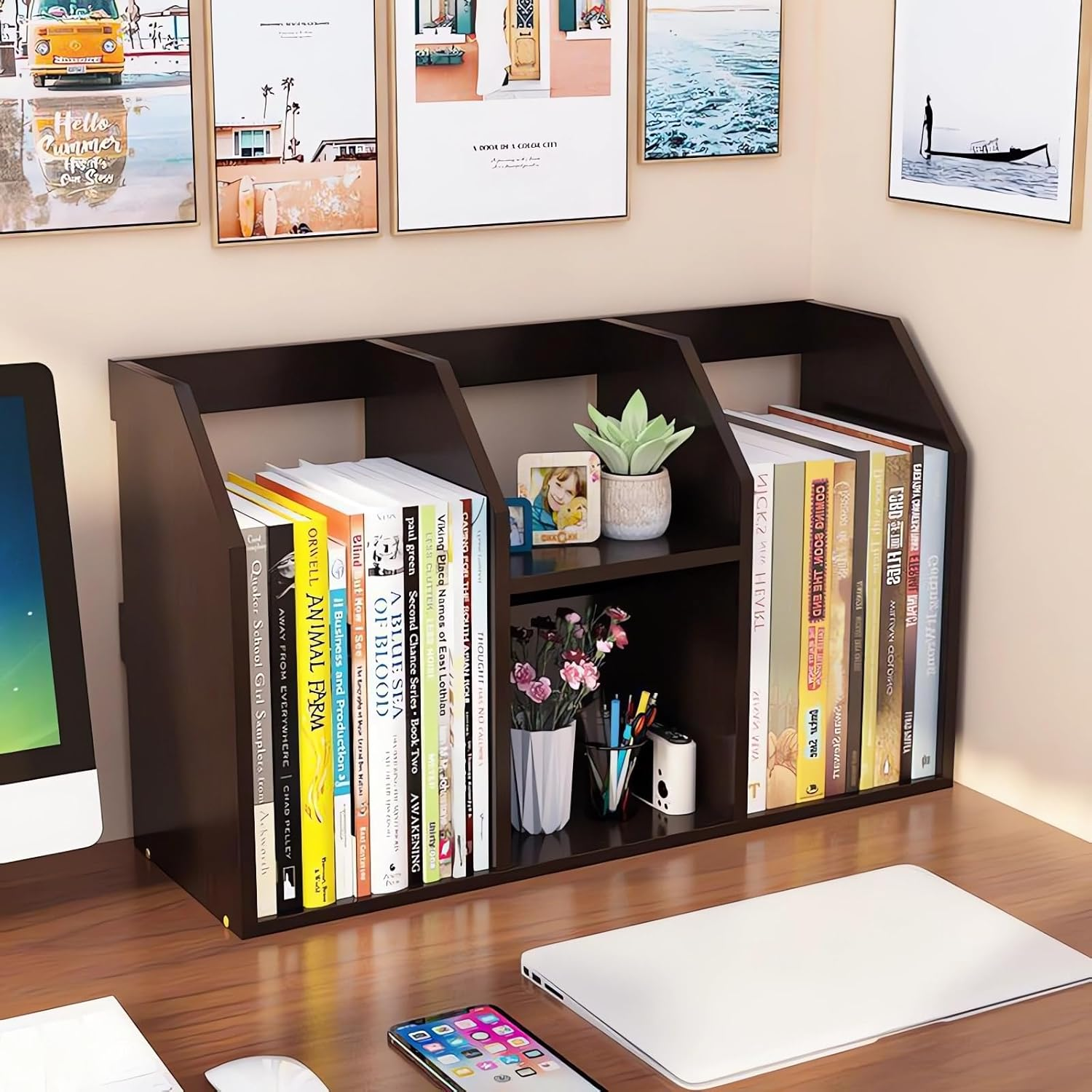 Desktop Bookshelf, Book Organiser, Wooden Bookcases, Office Desk Storage Shelf, Table Storage Rack A271 (Black)