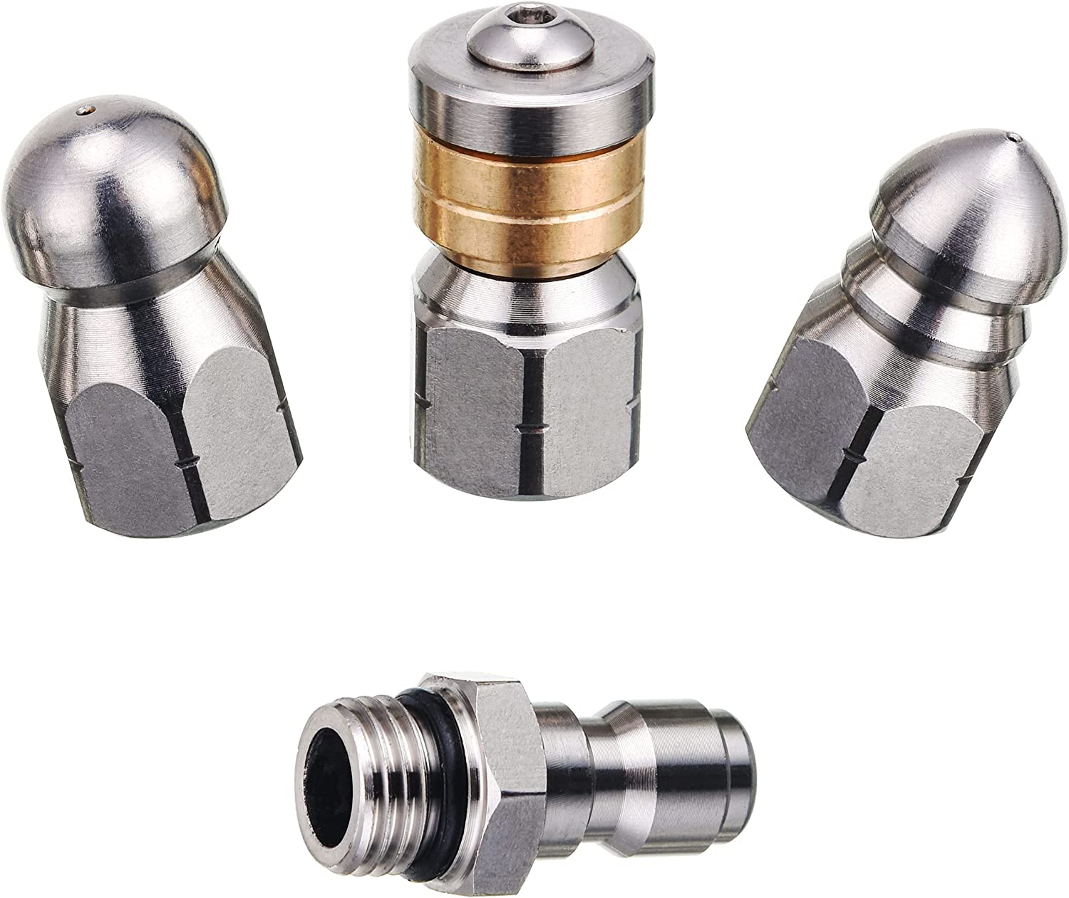 PWACCS Sewer Jetter Nozzle for Pressure Washer - Stainless Steel Drain Cleaning Tips, 3 Pieces: Button Nose Jet, Rotating Flat Jetting, and Drain Jet Hose - 5000 PSI image number 4