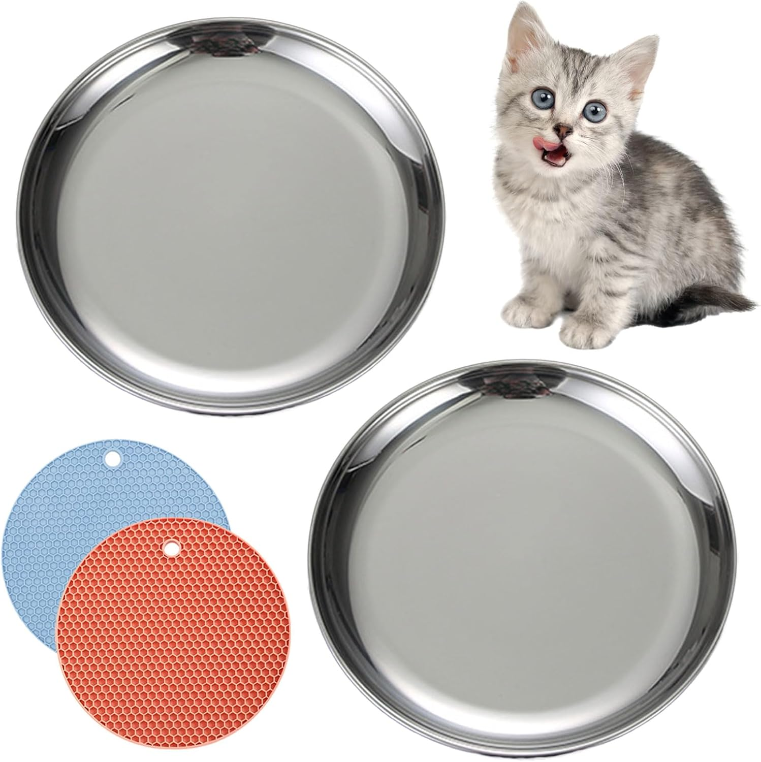 Stainless Steel Cat Food Dishes - Relief Whisker Fatigue Bowls with Non-Slip Mats - Shallow Plates for Wet & Dry Food (2 PCS, Small) image number 5