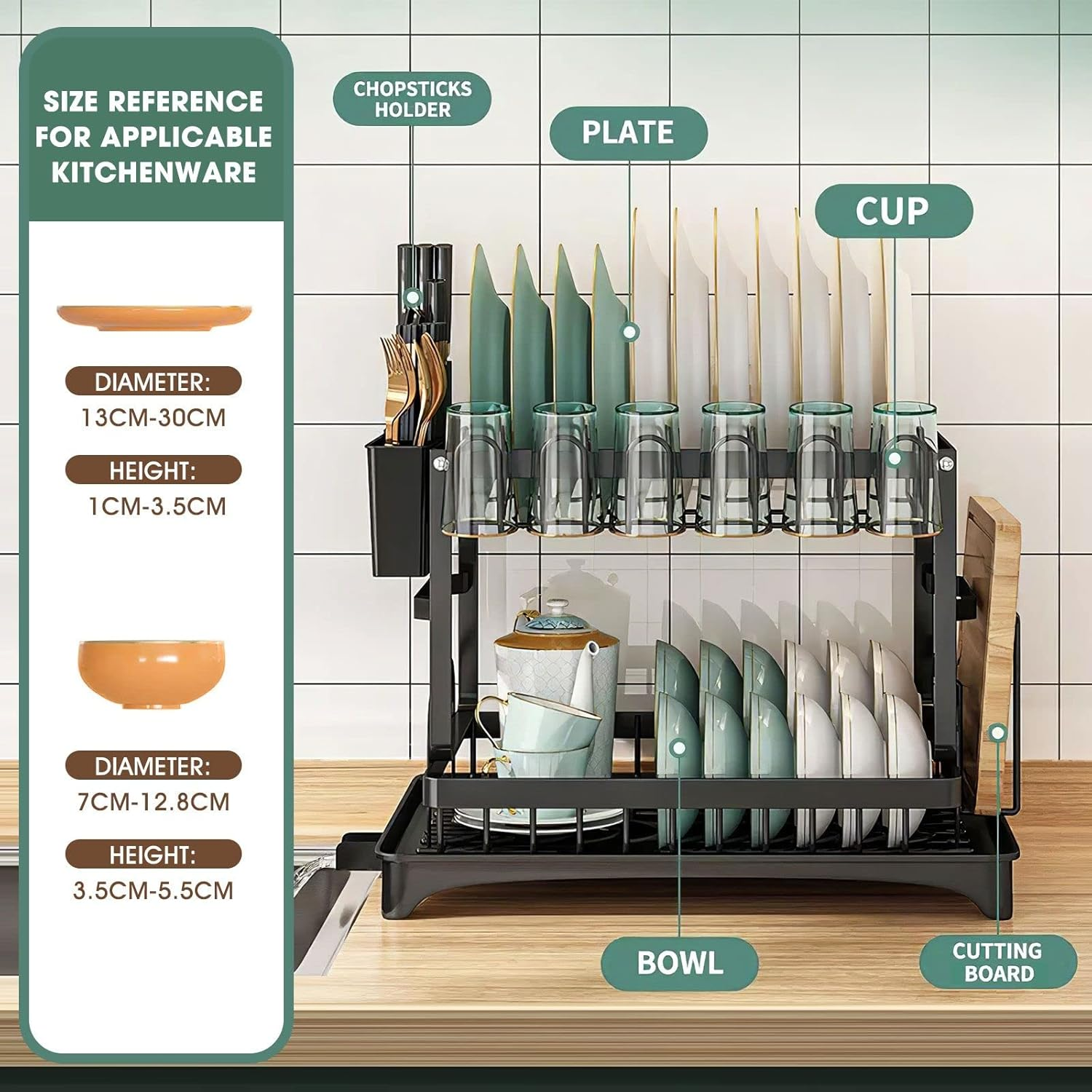 2 Tier Dish Drainer Auto Drainage Dish Drying Rack Kitchen Counter Organizer Rustproof Cutlery Holder Storage for Utensil Chopping Board Cup Black