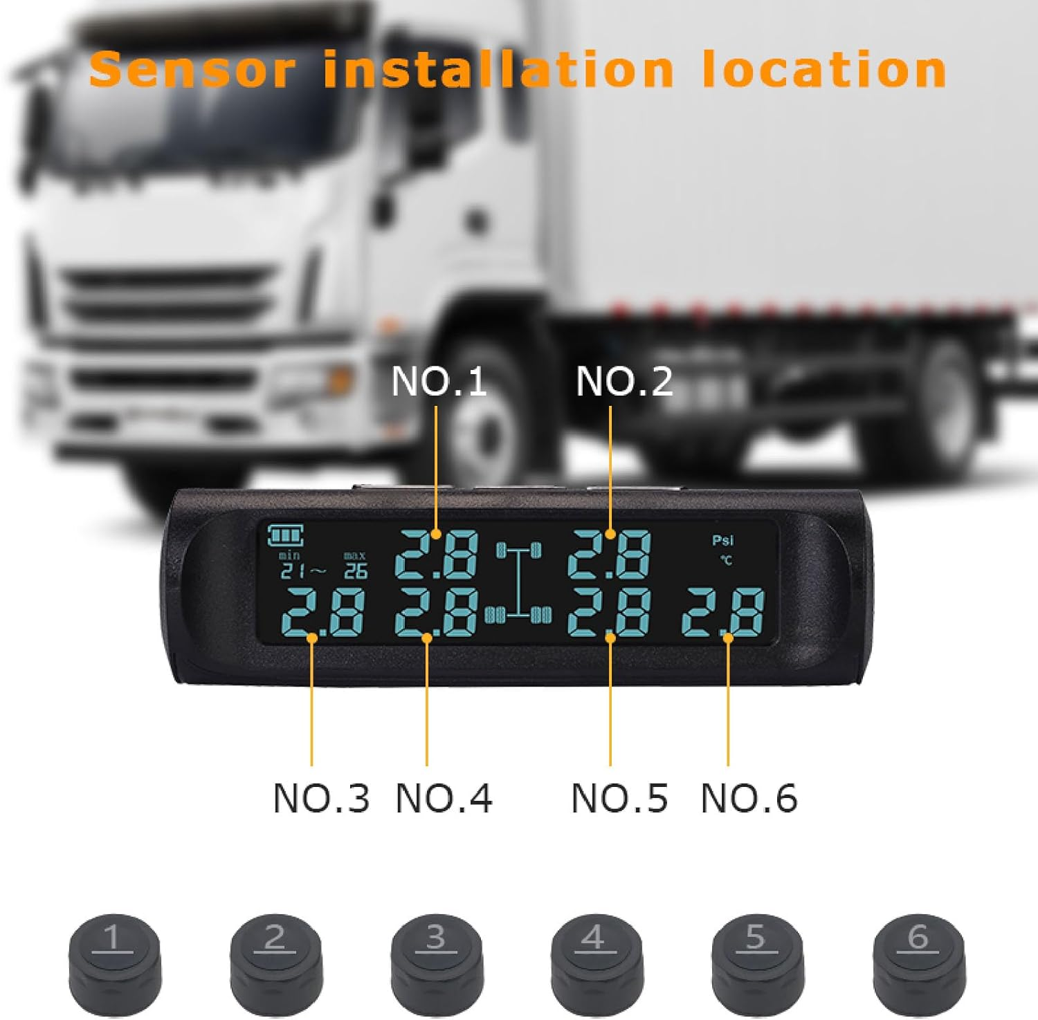 Solar Power Tire Pressure Monitoring System, 6 Wheels TPMS Pressure Sensor Monitor with LCD Display, 0-116Psi, Real Time Tyre Pressure Detector for RV Truck Suvs image number 5