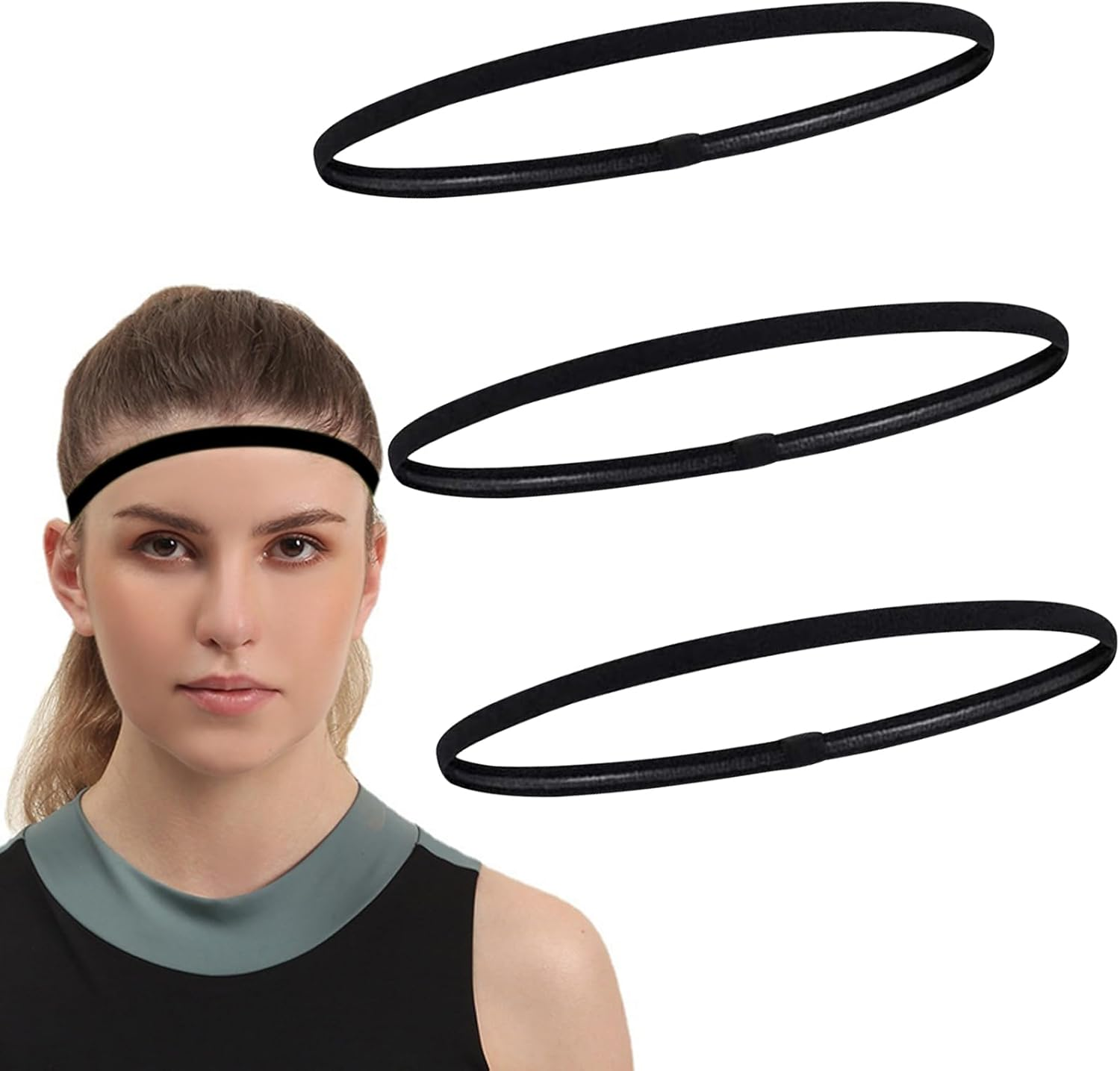 Headband, 3 Pcs Lightweight Sports Headband, Non-Slip Elastic Headbands, Athletic Skinny Headbands, Silicone Grip Hairband for Women Men to Running Cycling Work Out Exercise Yoga