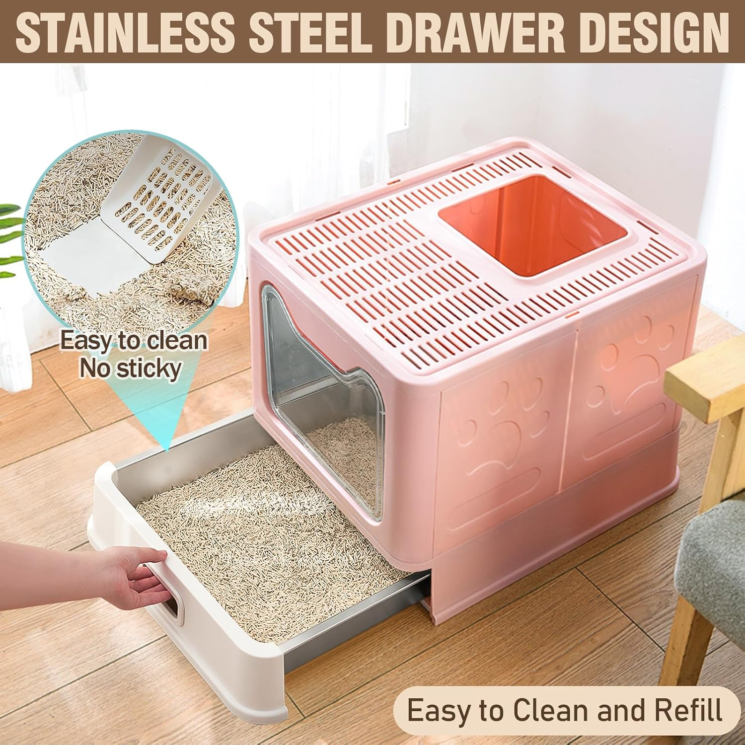 Stainless Steel Enclosed Cat Litter Box with Lid, Foldable Metal Enclosed XL Top Entry Kitty Litter Pan Tray with Scoop,Easy to Clean(Pink) image number 2