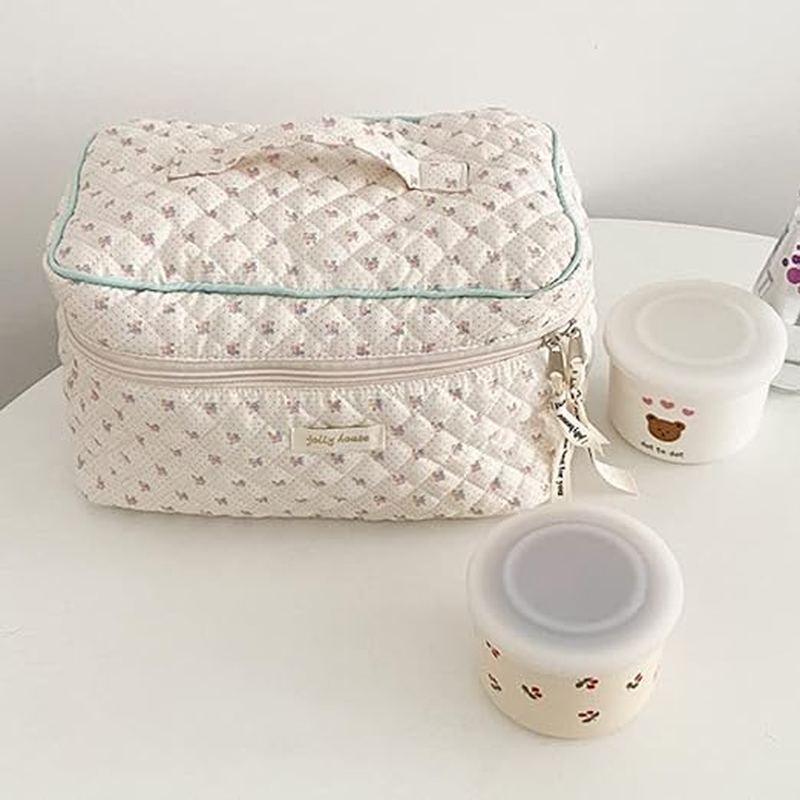 Makeup Bag Floral Cotton Large Travel Cosmetic Quilted Pouch Coquette Aesthetic Toiletry for Ladies Girl Multifunction Storage Bag, Beige, (YJL-DRLSHHZB-01) image number 6