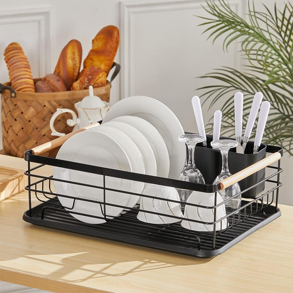 Dish Drainer Rack with Removable Drip Tray, Metal Kitchen Dish Drying Rack Organiser with Wooden Handles, Dish Rack, Dish Drainers, Black, 43 X 30.5 X 14 Cm image number 3