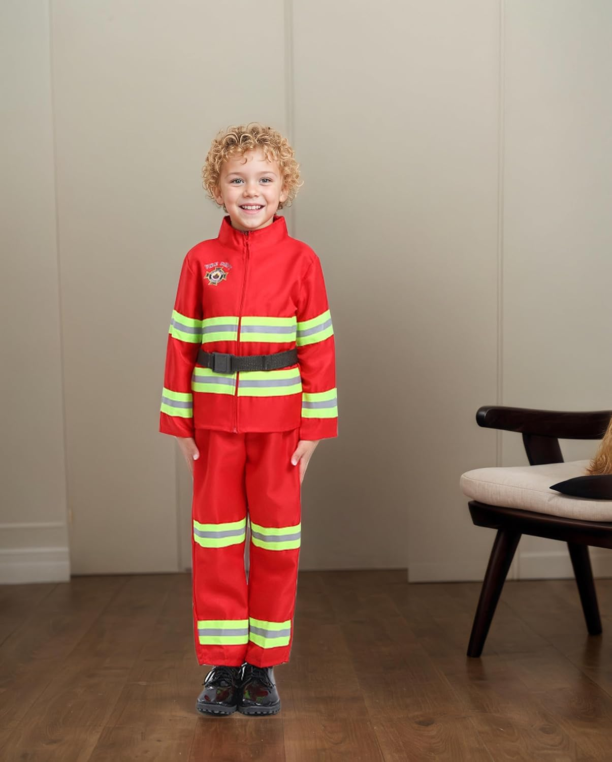 Kids Firefighter Costume Toddler Fireman Dress up Boy Fire Pretend Chief Outfit Halloween Role Play Career Suit Party Birthday Gift image number 1