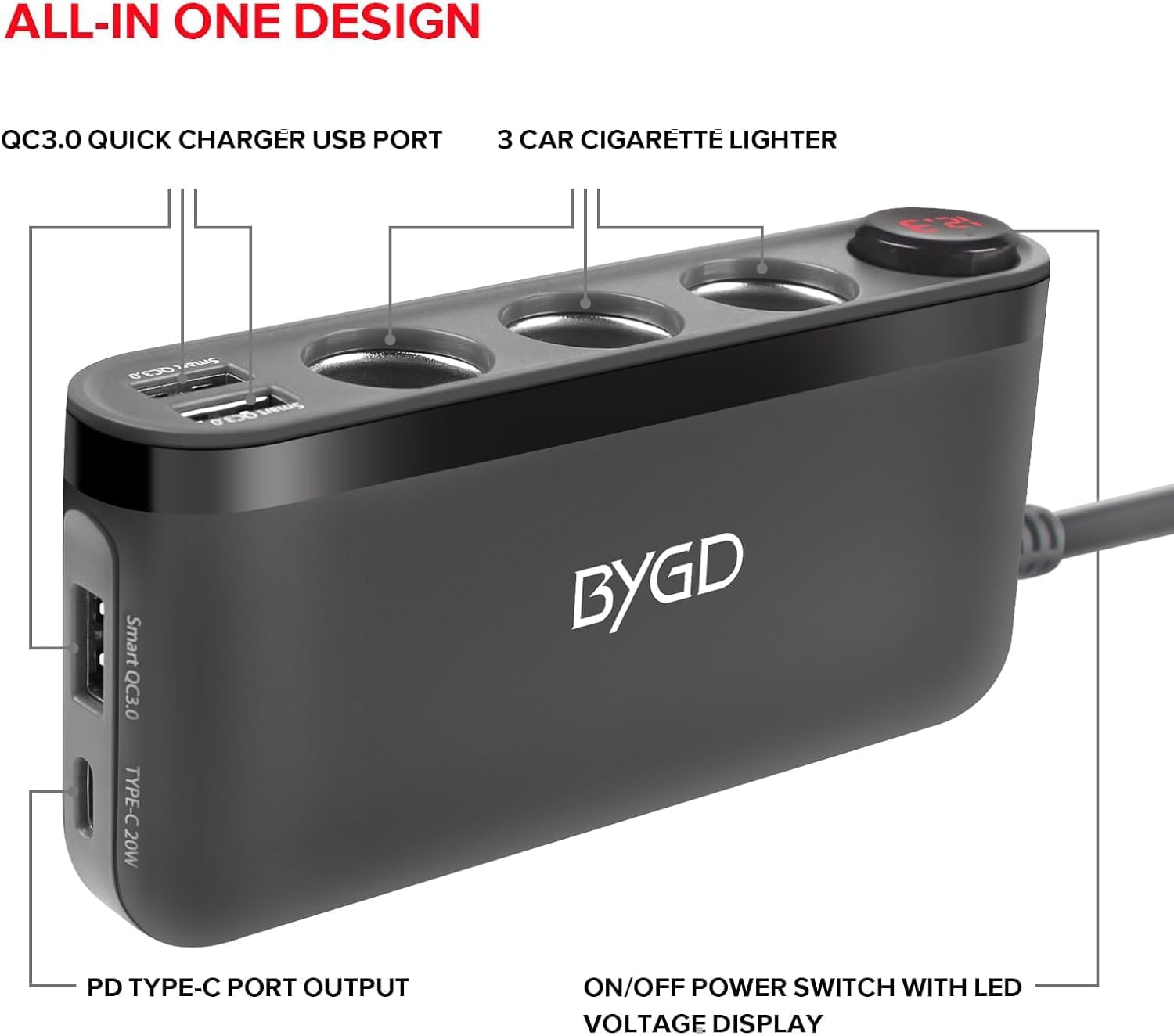 Quick Charge 3.0 and USB C Charger 20W Car Cigarette Lighter Adapter 200W High Power 12V/24V Car Splitter with 3 Socket Cigarette Lighter Splitter with Multifunction Charger image number 6