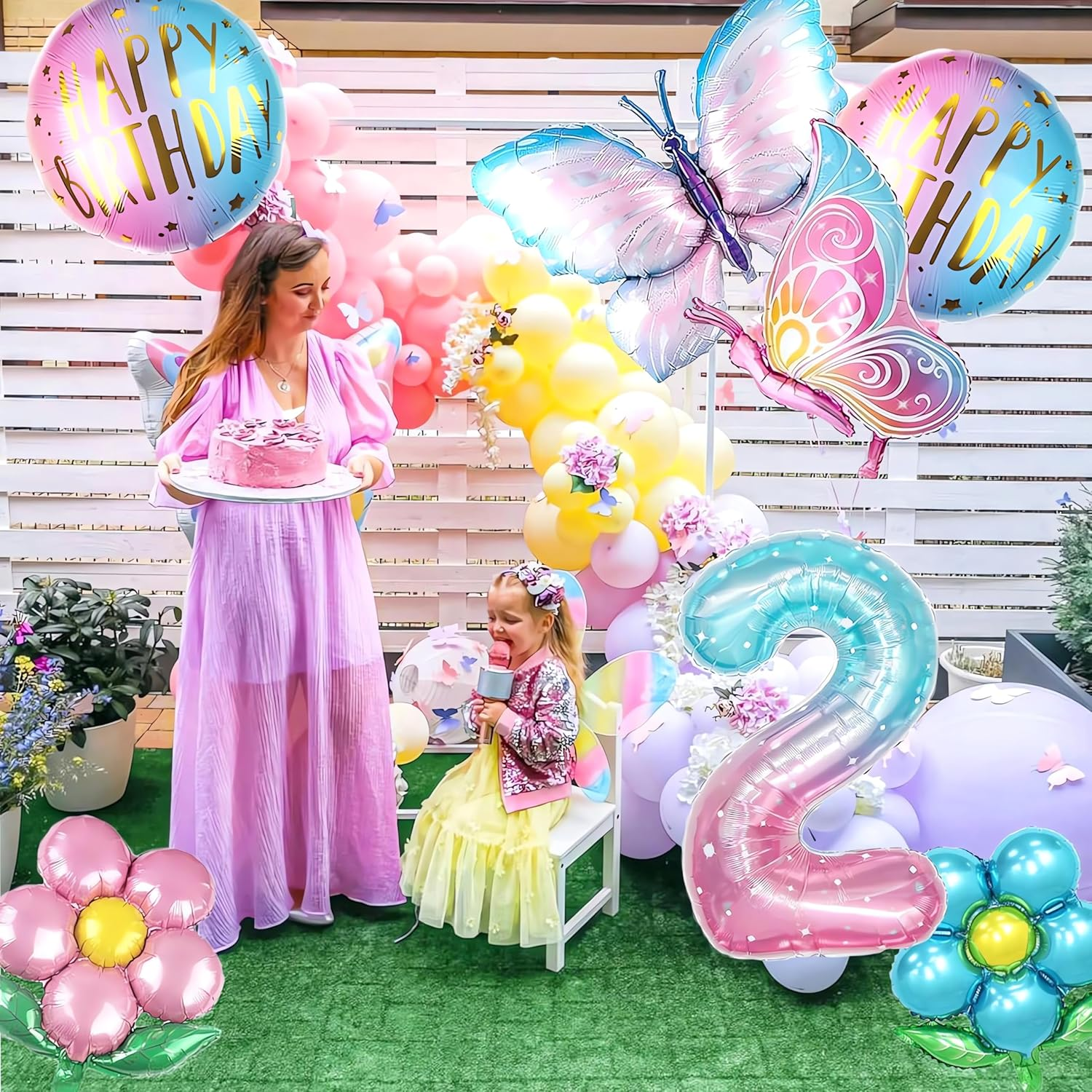 Butterfly Balloons 2Nd Birthday Decorations for Girls Colorful Gradient Pink Butterfly Foil Balloons for Fairy First Birthday Party Baby Shower Decor (Number 2) image number 3