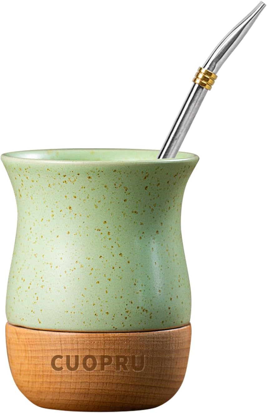 8 OZ Ceramic Yerba Mate Cup with Original Wood Base, Includes Mate Gourd, Bombilla Straw and Cleaning Brush - Perfect for Traditional Yerba Mate and Modern Style Drinking Mug (White)