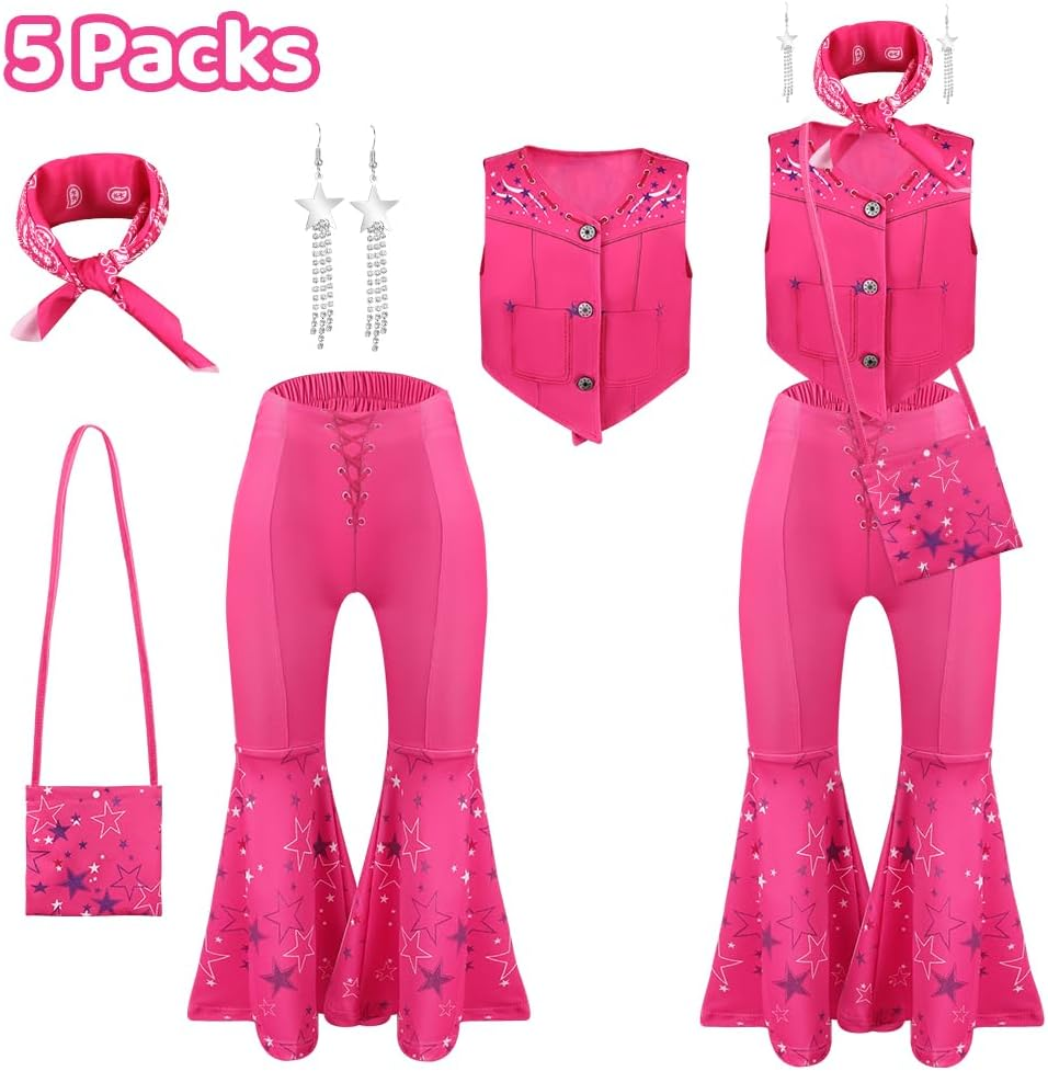 AUTOWT Girls Cowgirl Costume, 5 Pieces Movie Heroine Doll Cosplay Pink Cowgirl Outfit, 1970S 80S Hippie Disco Dress up with Pink Tank Top, Flared Pants, Earrings, Scarf Bag for Halloween Cosplay Party image number 3
