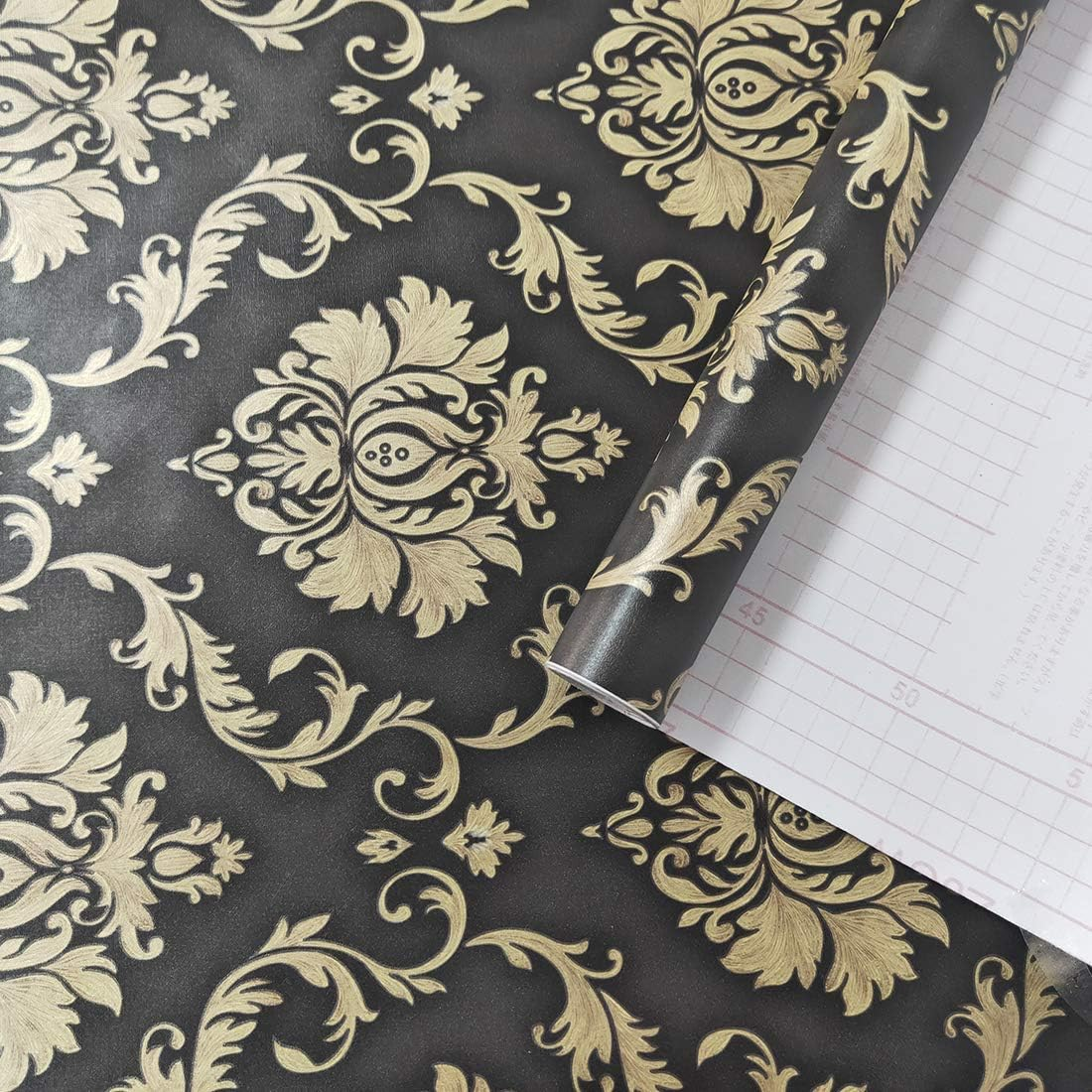 JLHOUSE 1301-3 Vinyl Black and Gold Damask Victorian Wallpaper Peel and Stick Contact Paper Removable Textured for Bedroom Livingroom D&eacute;cor 45Cm X 300Cm image number 1