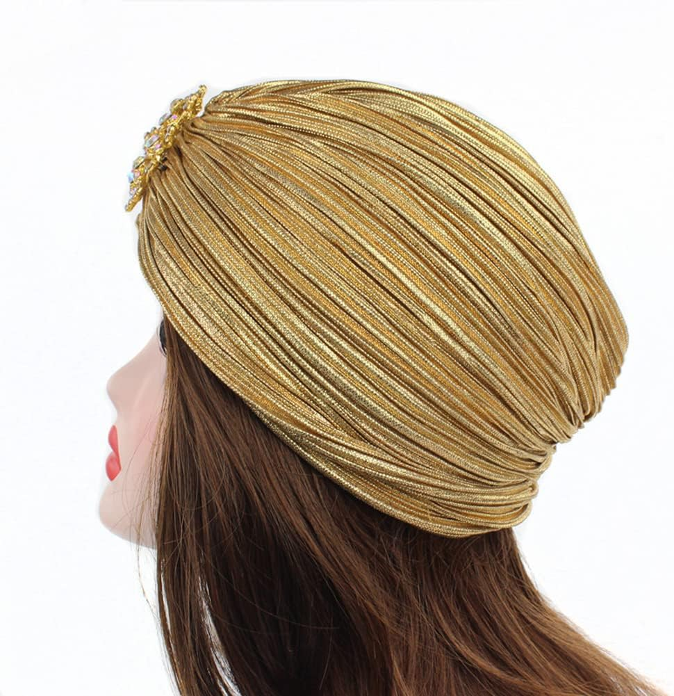 Women Vintage Turban Hat with Rhinestones Flower Decoration Beanie Cap Headwrap for 1920S Gatsby Costume Cocktail Party - Black image number 5