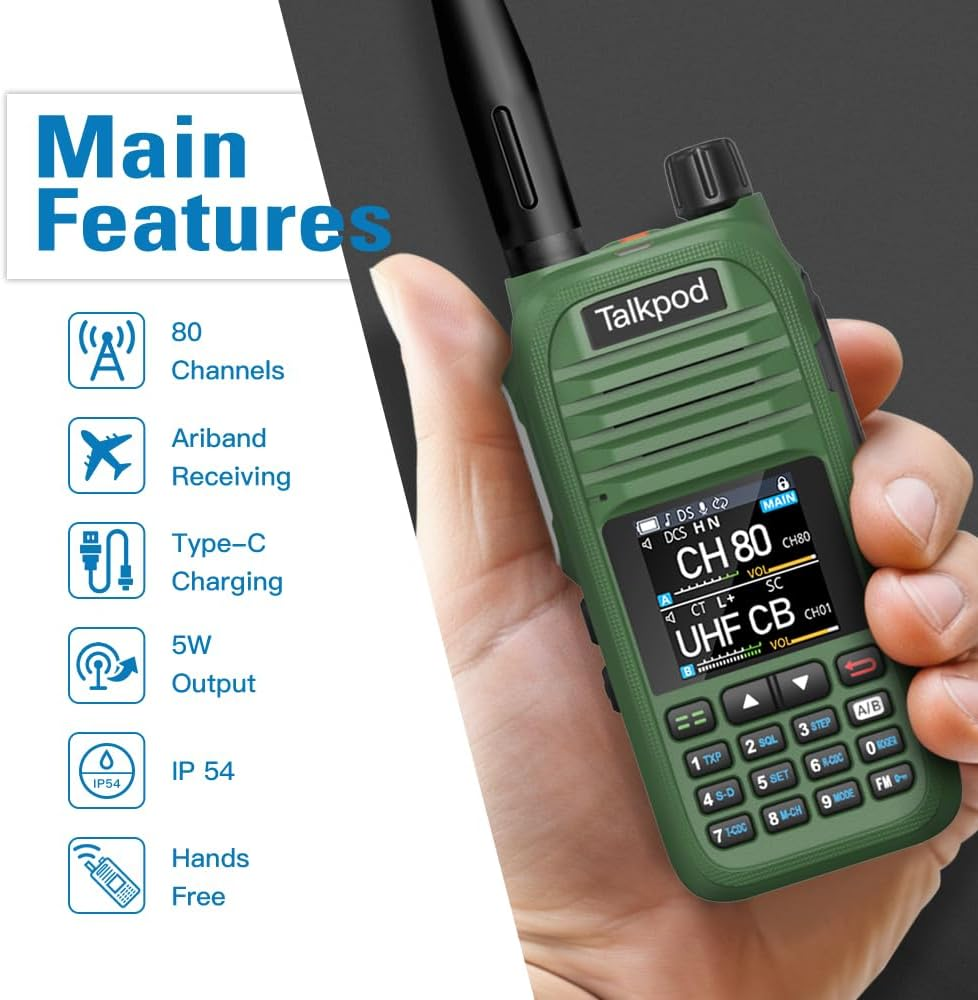 Talkpod A36SE 5Watt Handheld UHF CB Radio Twin Pack, 80 Channels, 1500Mah Battery, IP54, CTCSS/DCS, Dual Watch (Green) image number 4