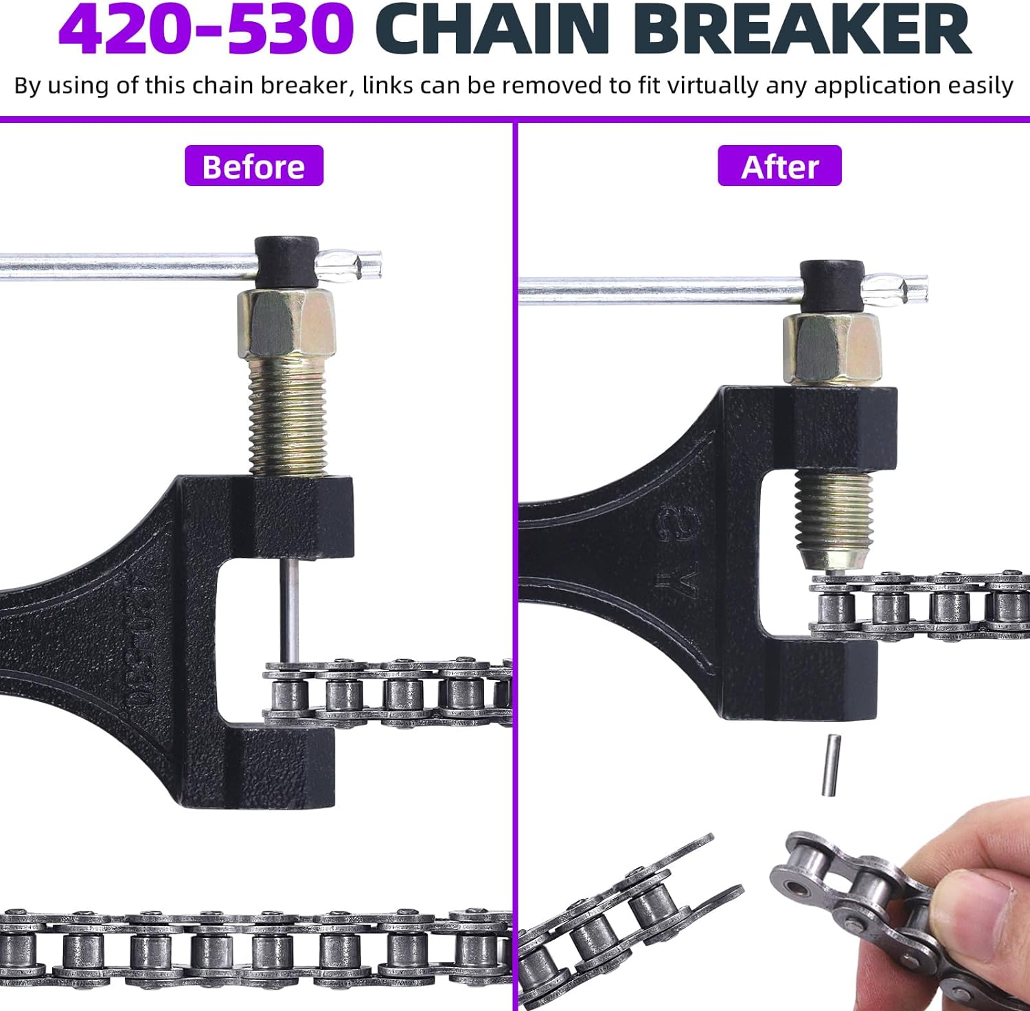 Swpeet 59" 420 Standard Roller Chain Motorcycle Kit - 132 Links with Chain Breaker, Carbon Steel Drive for 110Cc 125Cc Dirt Pit Bike ATV Quad Go Kart Scooter image number 3