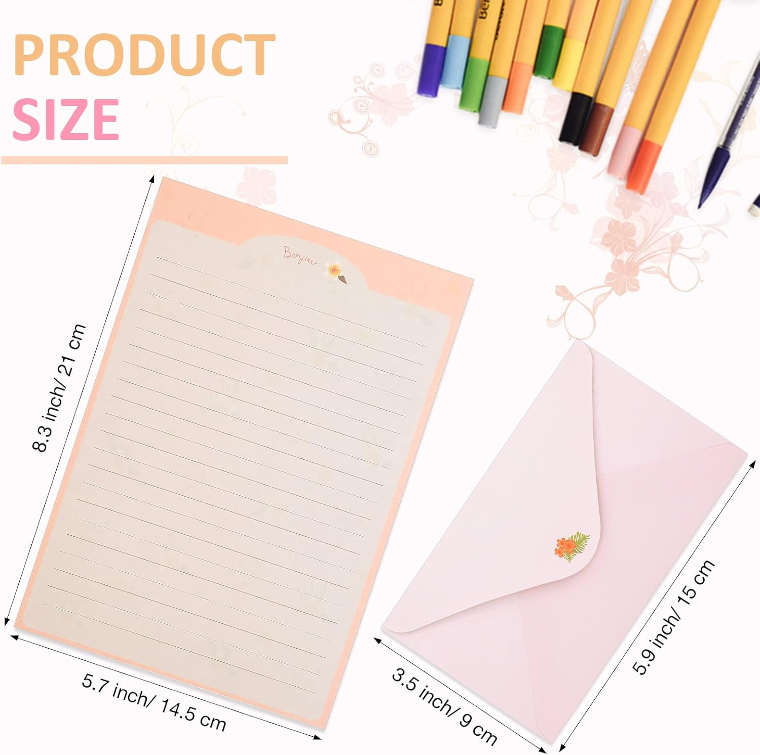 Laumoi 180 Pcs Papers and Envelopes Set - 60 Envelopes, 120 Lined Writing Paper, 96 Colorful round Dot Stickers, 10 Designs (Vibrant) image number 2