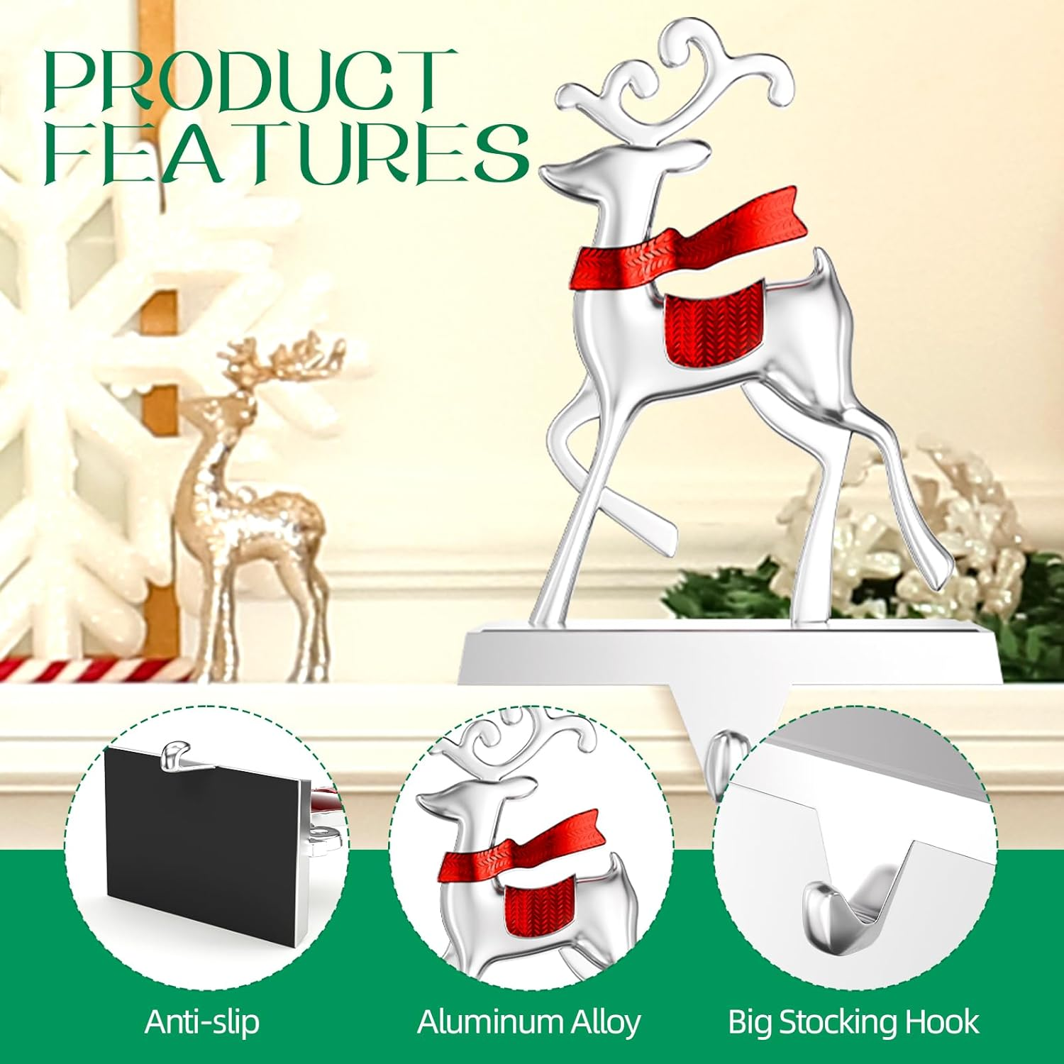 Christmas Stocking Holders for Mantle Weighted Metal Stocking Hangers Hooks for Fireplace Christmas Decorations (Set of 4) image number 3