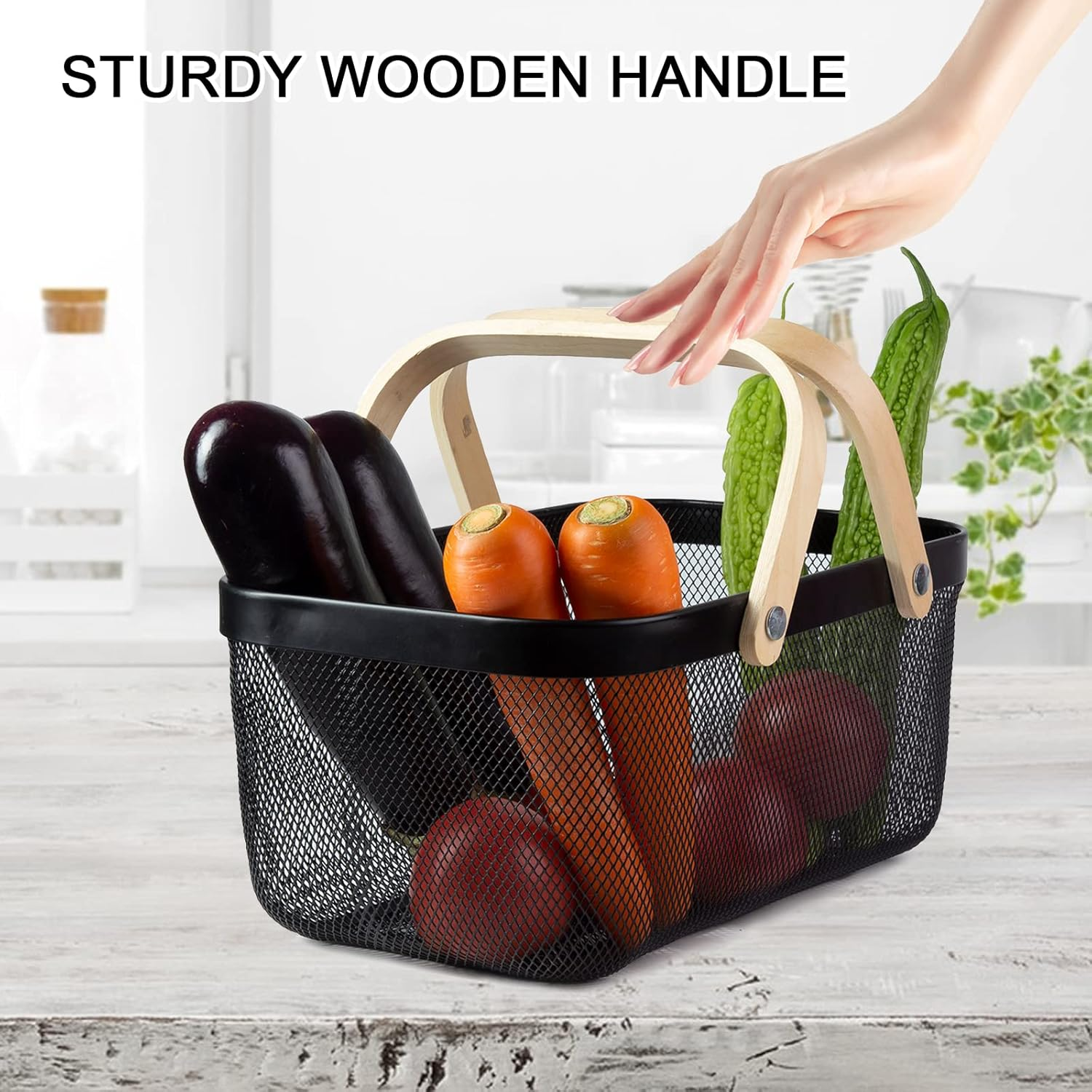 Portable Garden Harvest Basket-Mesh Design Natural Bamboo Handle Wire Storage Baskets,Mesh Basket with Handle Organize Items Reduce Space Occupation,Suitable for Kitchen,Garden,Picnic(Black)