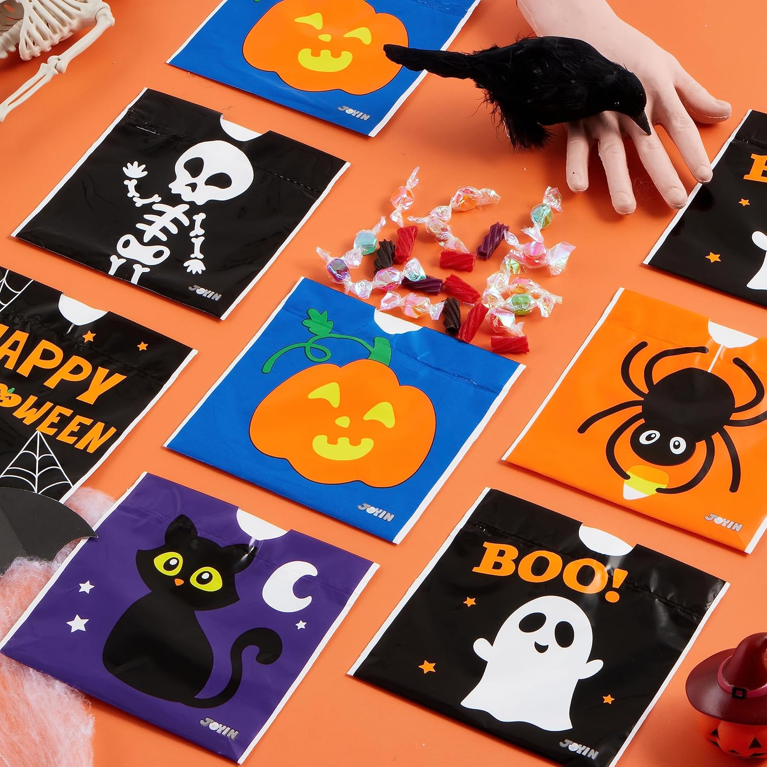JOYIN 96 Pcs Halloween Drawstring Treat Bags for Trick-Or-Treating, 6"X6" Halloween Goodie Candy Bags, Classroom Party Favor Supplies image number 1