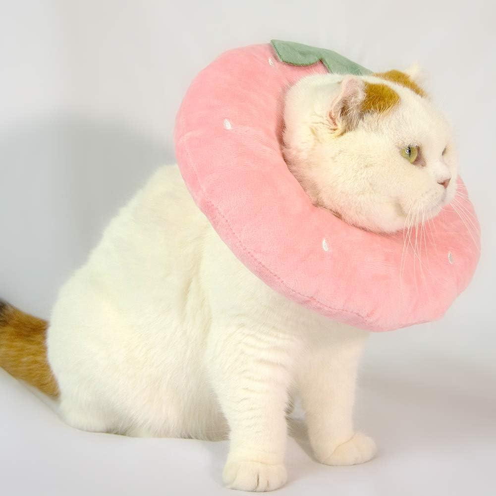 Adjustable Cat Recovery Collar Soft,Cute Pet E-Collar Neck Cone after Wound Healing Protective Cone Fit for Kitties, Small Dogs (Pink Strawberry, S)