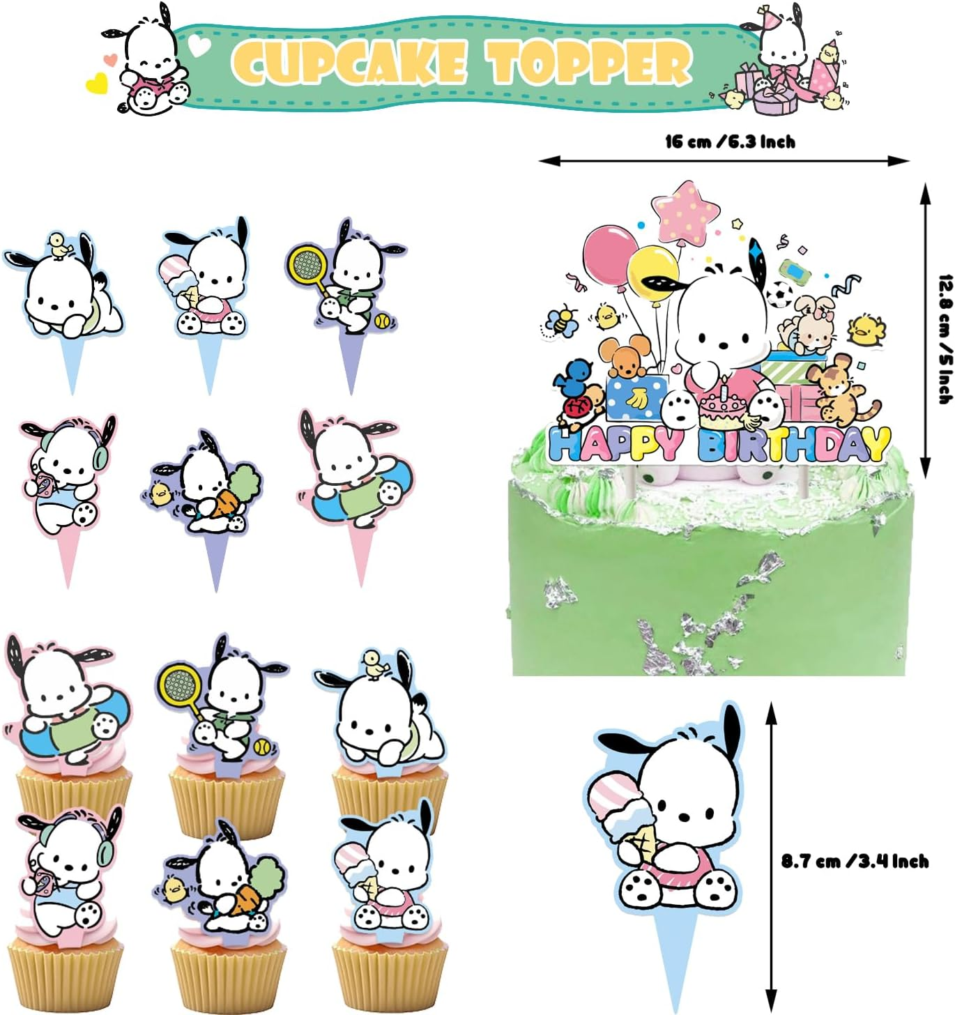 Pochacco Birthday Party Decorations, Kawaii Cartoon Party Supplies with Banner, Cupcake Cake Toppers and Foil Balloons Party Favors for Fans Birthday Background Decorations image number 5
