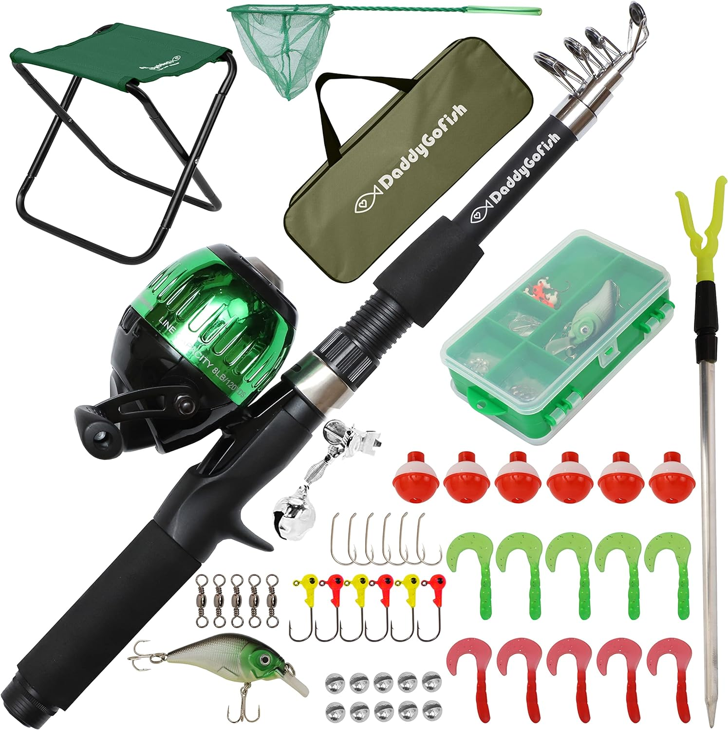 Daddygofish Kids Fishing Pole - Rod Reel Combo Tackle Box Starter Set - First Year Small Dock Gear Kit for Boys Girls Toddler Youth Age Beginner Little Children Junior Anglers