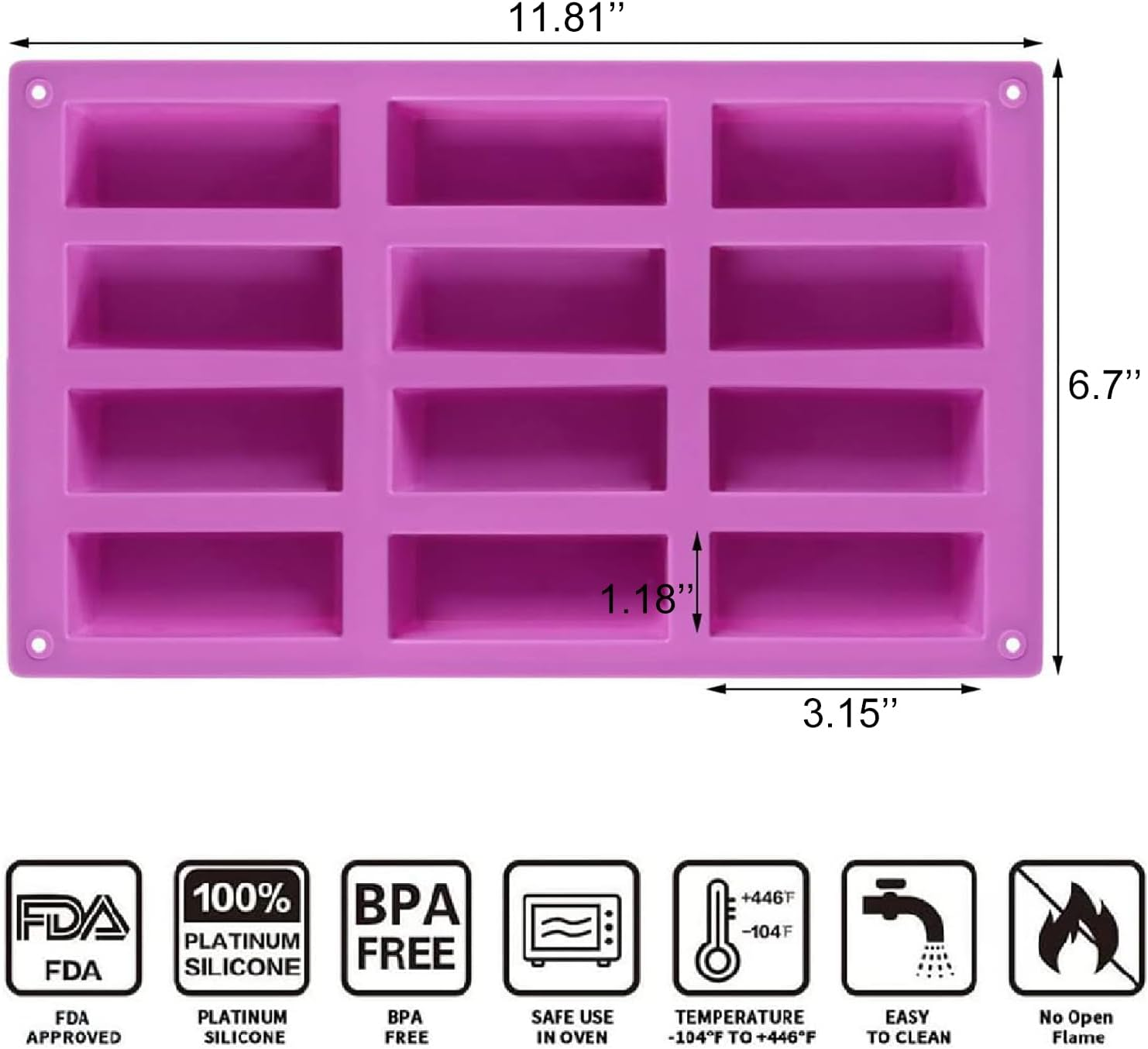 Silicone Granola Bar Molds, Rectangle, for Energy Bars, Cereal, Protein, Brownie, Cheesecake & More - Chocolate & Candy Molds, 12 Cavity Pack image number 6