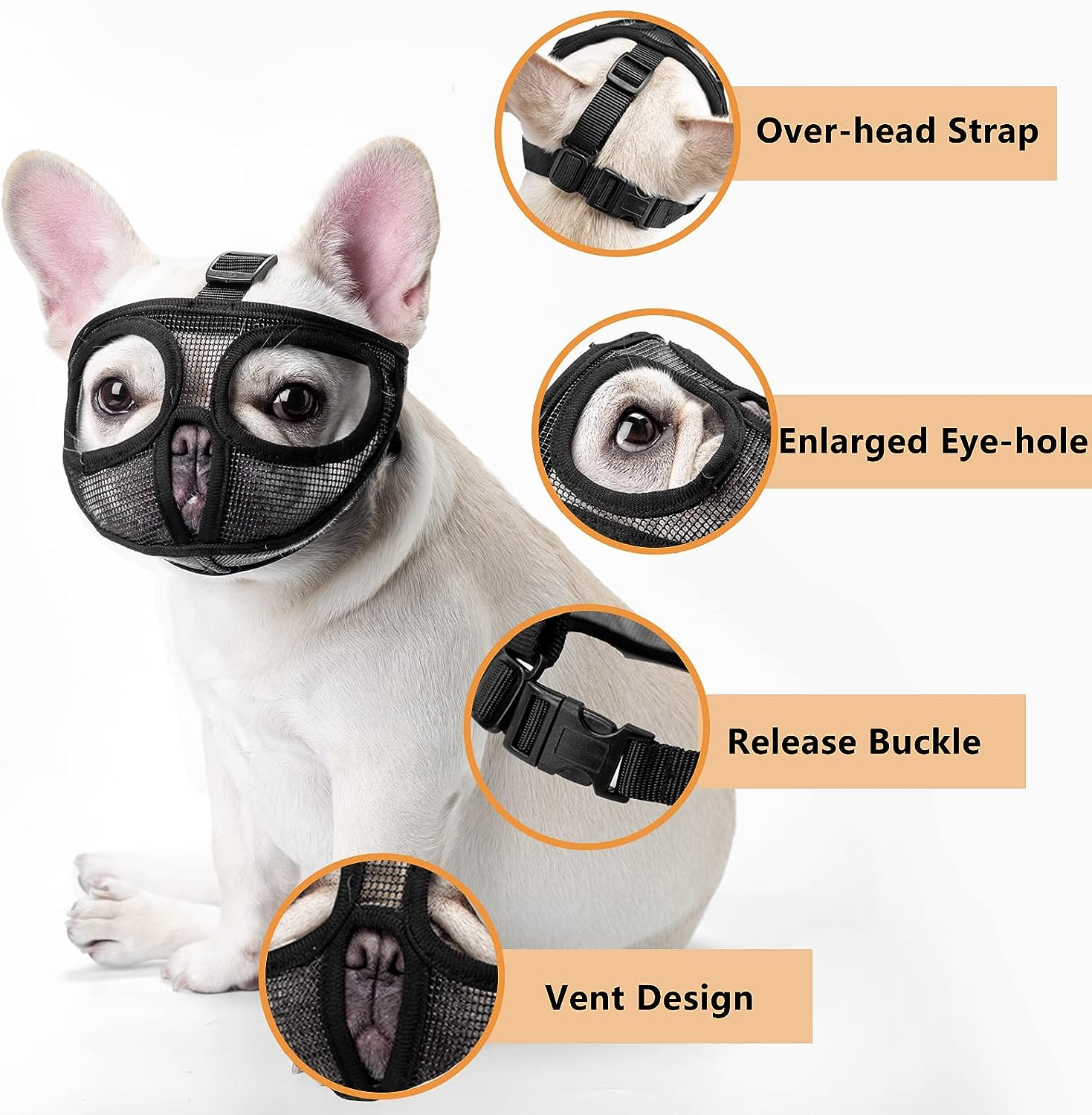 Ohcozzy Short Snout Dog Muzzle with Enlarged Eye Hole, Soft Mesh Bulldog Muzzle for Biting Chewing Licking Grooming(M,Black) image number 5