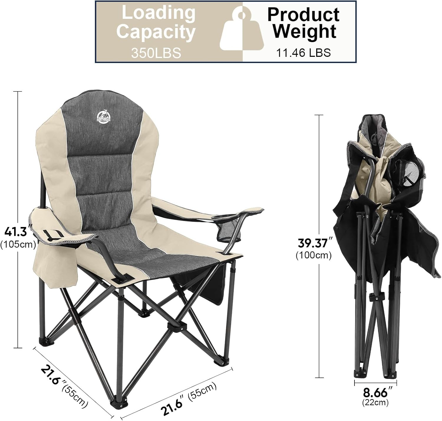 Northroad Oversized Portable Camping Chair, Full Padded Outdoor Folding Chair Support 350 LBS, Heavy Duty Lawn Chair with Cup Holder, Cooler Bag, Lumbar Support, Head Pocket for Adult-Beige image number 4