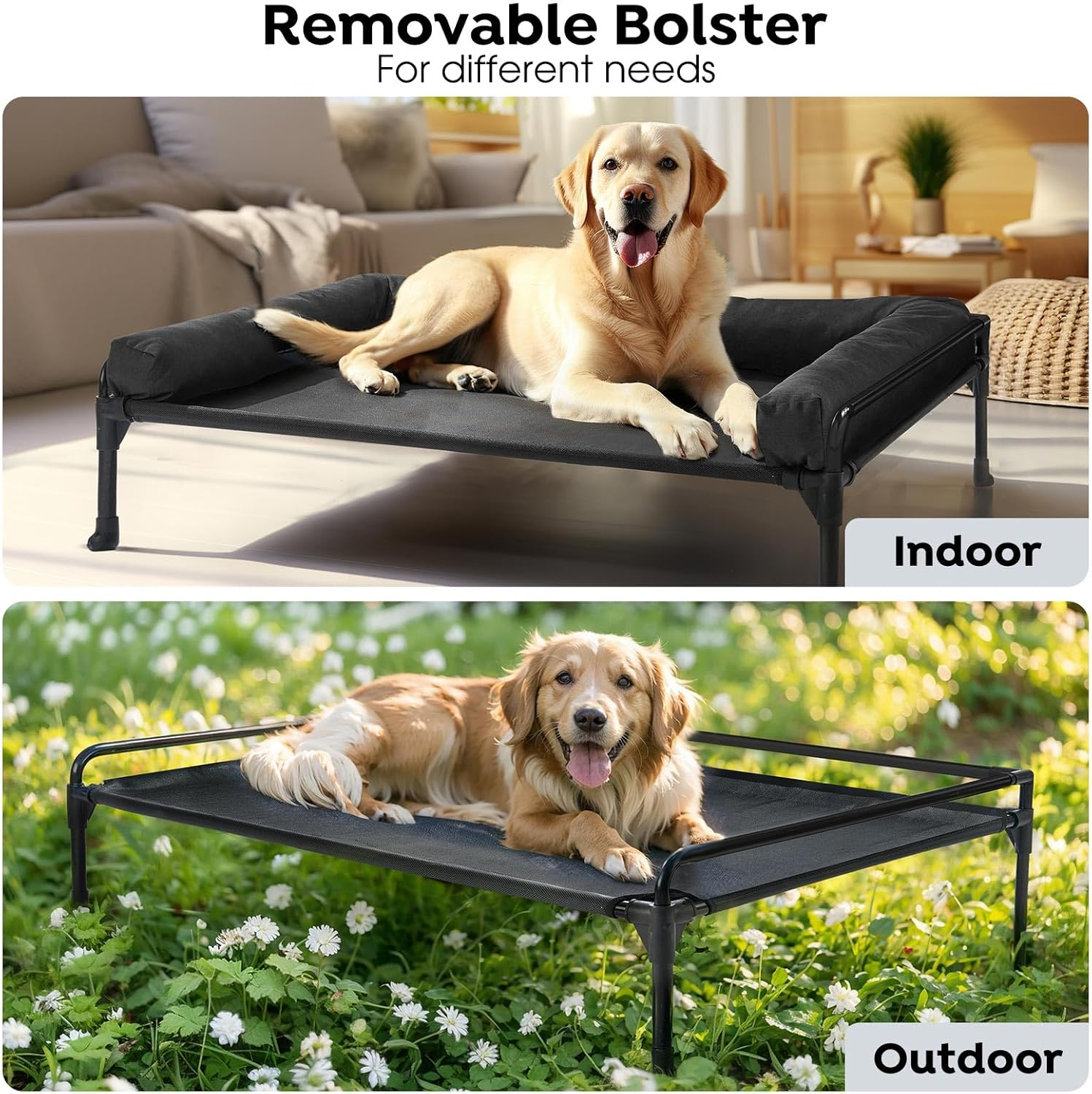 Veehoo Elevated Raised Dog Bed-Cooling Outdoor Dog Cot Bed for Large Sized Dogs Three-Sided Fence Raised Pet Cot with Mesh & No-Slip Feet Dog Hammock Bed with Removable Bolster-47 X 29" Black image number 4