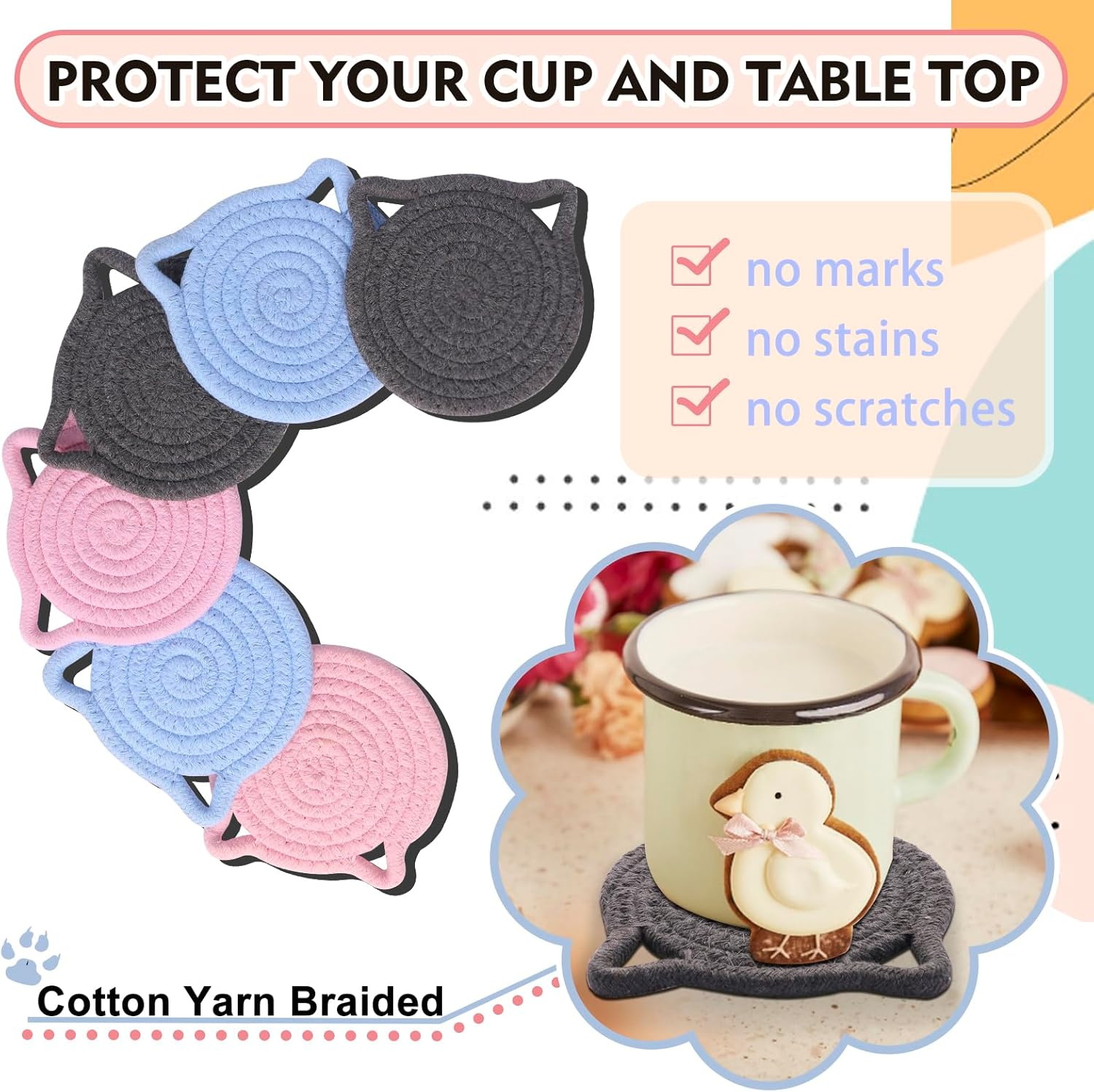 Cute Coasters for Drinks Set of 2 Color, Absorbent Handmade Fabric Drink Coasters for Coffee & Tea -Home D&eacute;cor Extra Large 4.8 In* 8Mm, Protect the Wooden Table Surface (2 Pack-Cat-Blush Pink) - Cat Blush Pink image number 4