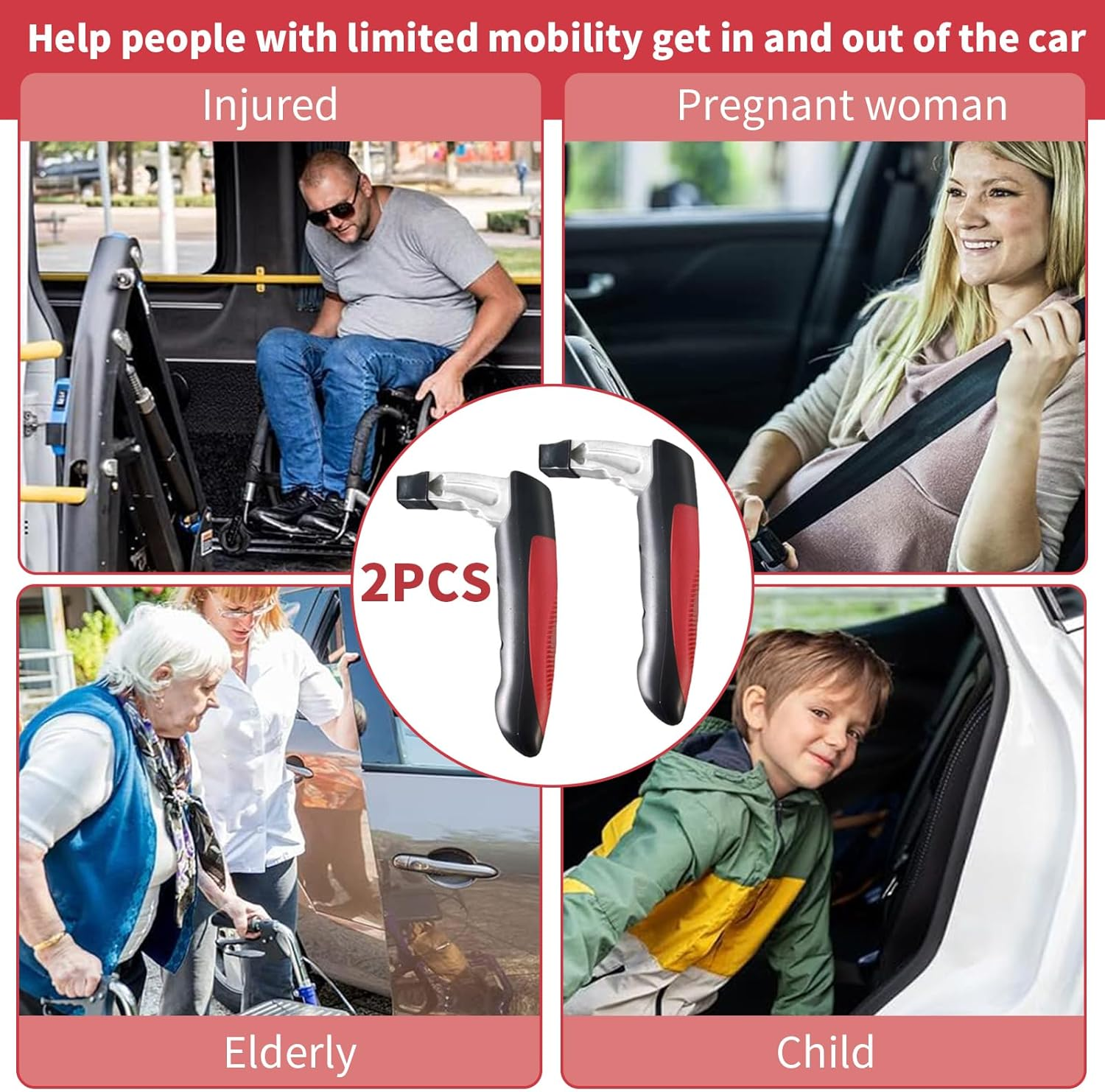 2 Pack Portable Vehicle Support Handle Assist, Multifunction Auto Vehicle Support Handle Insert Door Latch Car Handle for Getting in and Out of Car, Window Breaker Standing Mobility Aid for Car (Red) image number 2