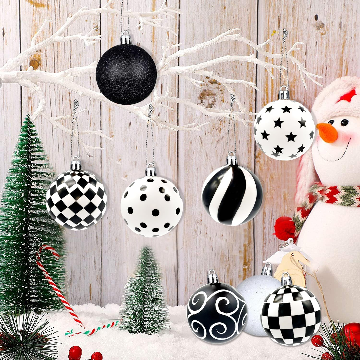 24 Pieces Black and White Winter Balls Dot Hanging Christmas Ball Christmas Polka Dot Ornaments Farmhouse Christmas Ball Ornaments Black and White Checkered Ball Ornament for Christmas Tree Decor image number 6