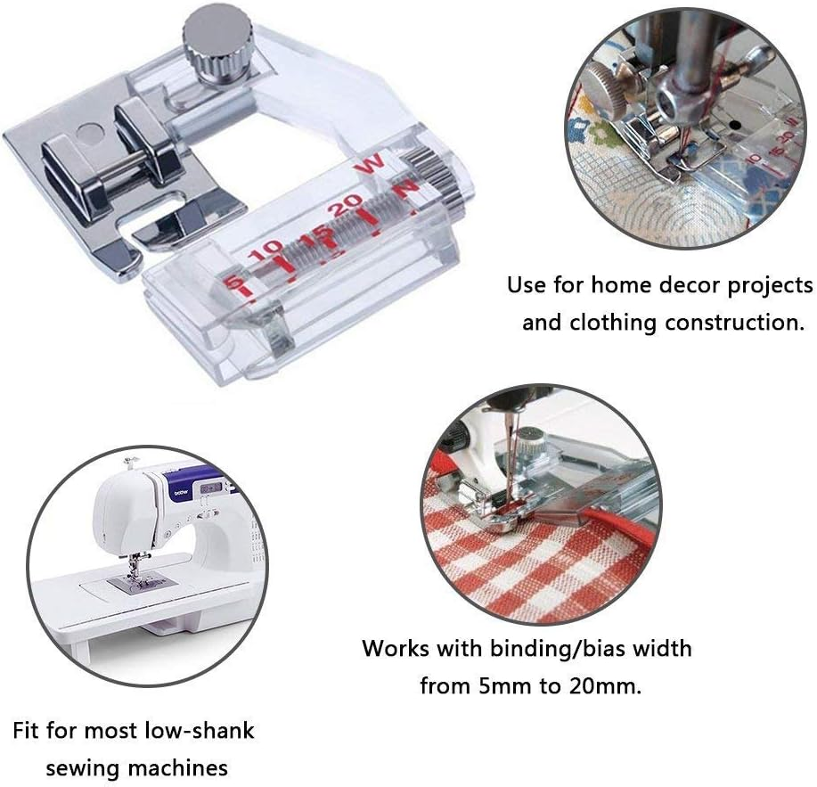 Adjustable Tap Bias Binder Foot for All Low Shank Snap-On Singer, Brother, Babylock, Euro-Pro, Janome, Kenmore, White, Juki, New Home, Simplicity, Elna and More! Adjustable Range from 5Mm to 20Mm