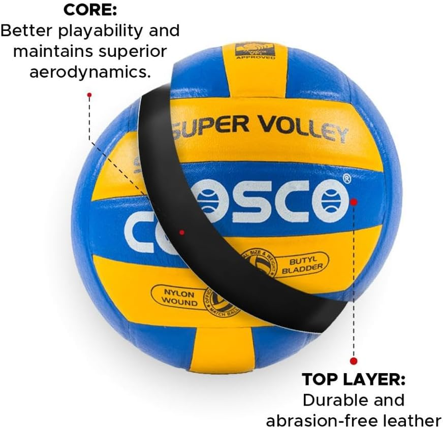 Cosco Approved by VFI Super Volley Volleyball | Color: Blue & Yellow | Size: 4 | Material: Leather | Numbers of Panel: 18 | Winding: Nylon | Weight: 260~280Grams | Recommended for Professional image number 3