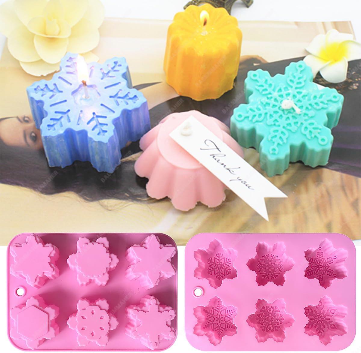 Christmas Snowflake Silicone Chocolate Mold for Baking Cake Biscuits Fondant Candy Ice Cube Bath Bombs Jelly Making Soap Candles Molds for Xmas Party Holiday Decorating 2Pcs image number 2