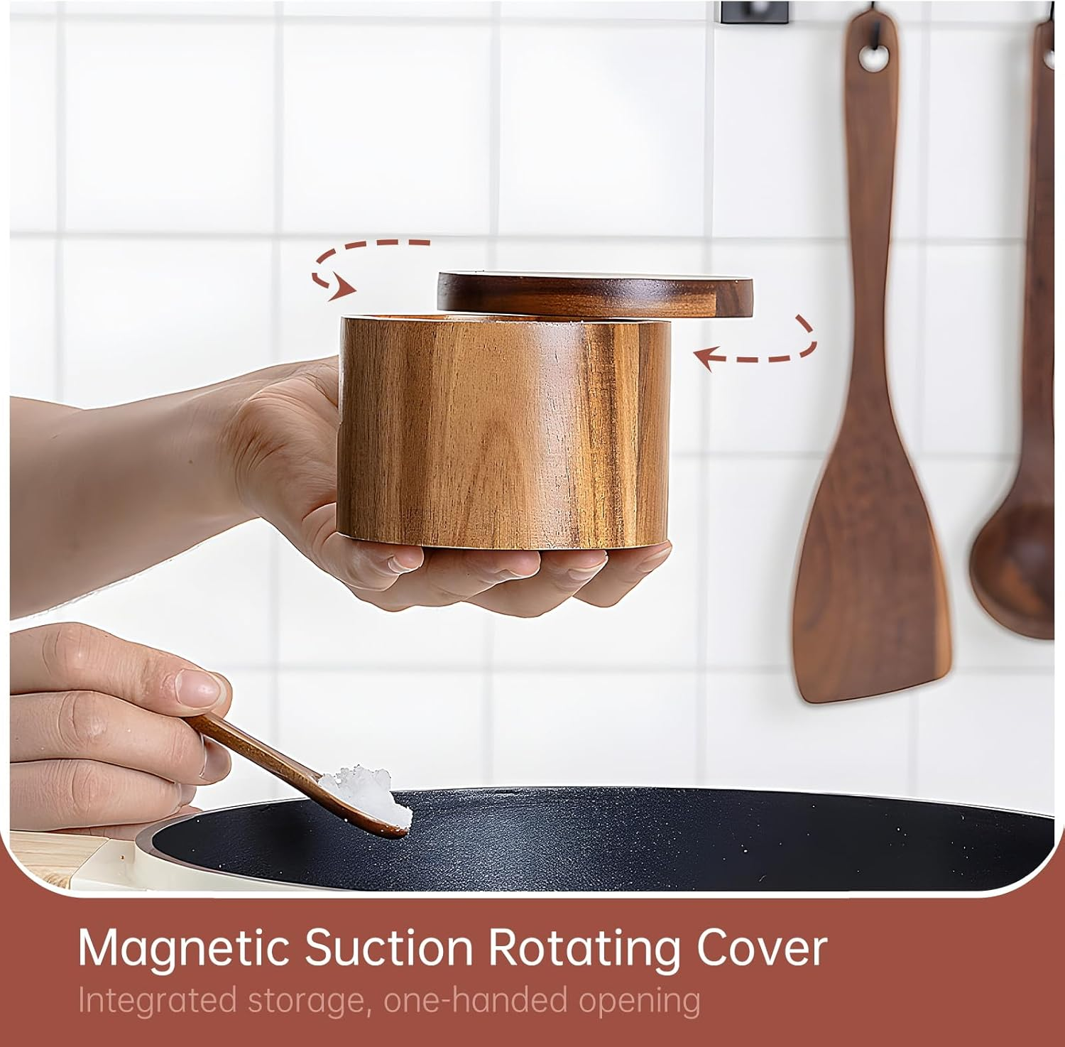 Wood Salt Shaker, Salt Pig with Built-In Spoon to Prevent Dust. Salt Cellar with Swivel Magnetic Lid. Practical Spice Jars for the Kitchen. 6Oz image number 3