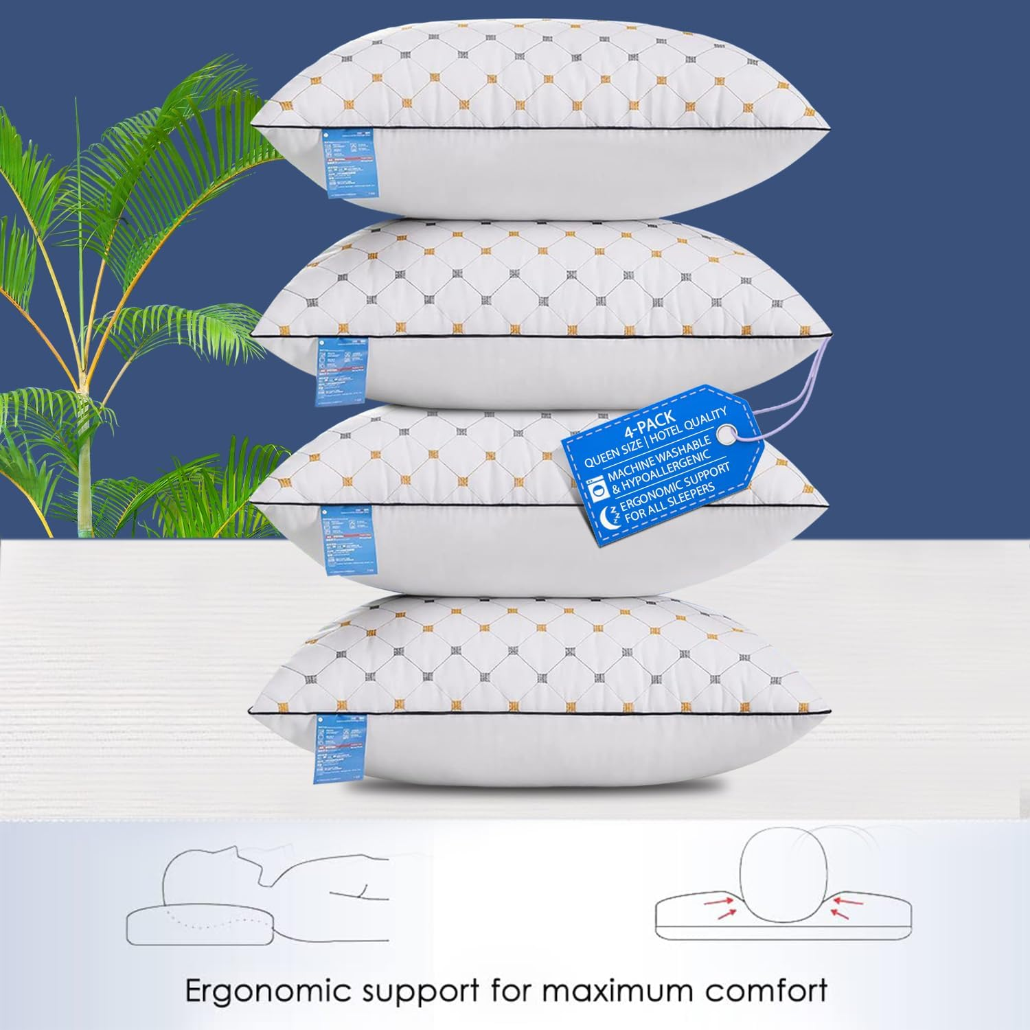 4-Pack Queen Bed Pillows for Sleeping &ndash; Hotel Quality, Hypoallergenic, Soft & Supportive, Medium Height Pillow, Checked Pattern, Removable Cotton Covers, Machine Washable &ndash; 74X48Cm