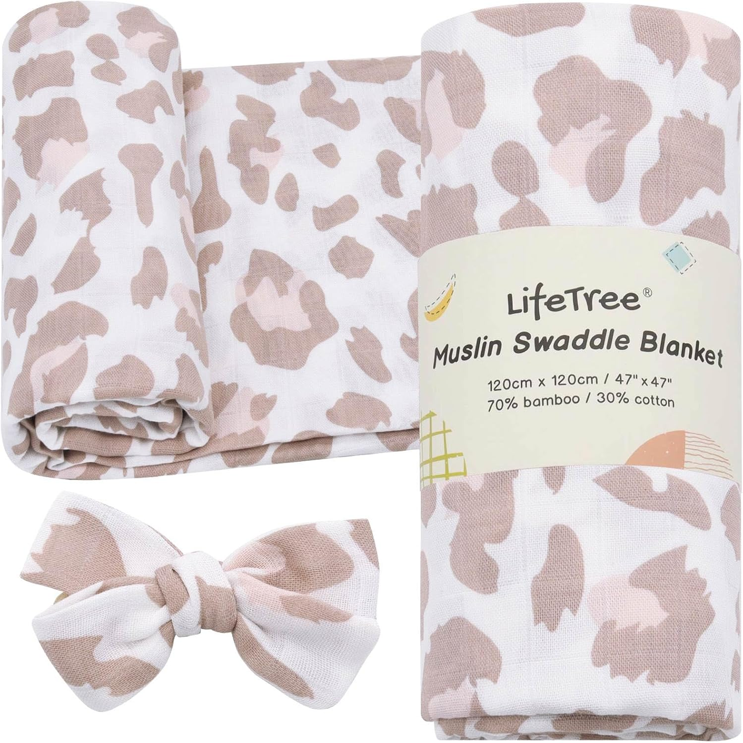 Lifetree Baby Swaddle Blankets, Muslin Wraps Unisex Newborn Receiving Blanket for Boys & Girls, 70% Viscose from Bamboo and 30% Cotton, Soft, Breathable, Large 120 X 120Cm Eucalyptus Pattern